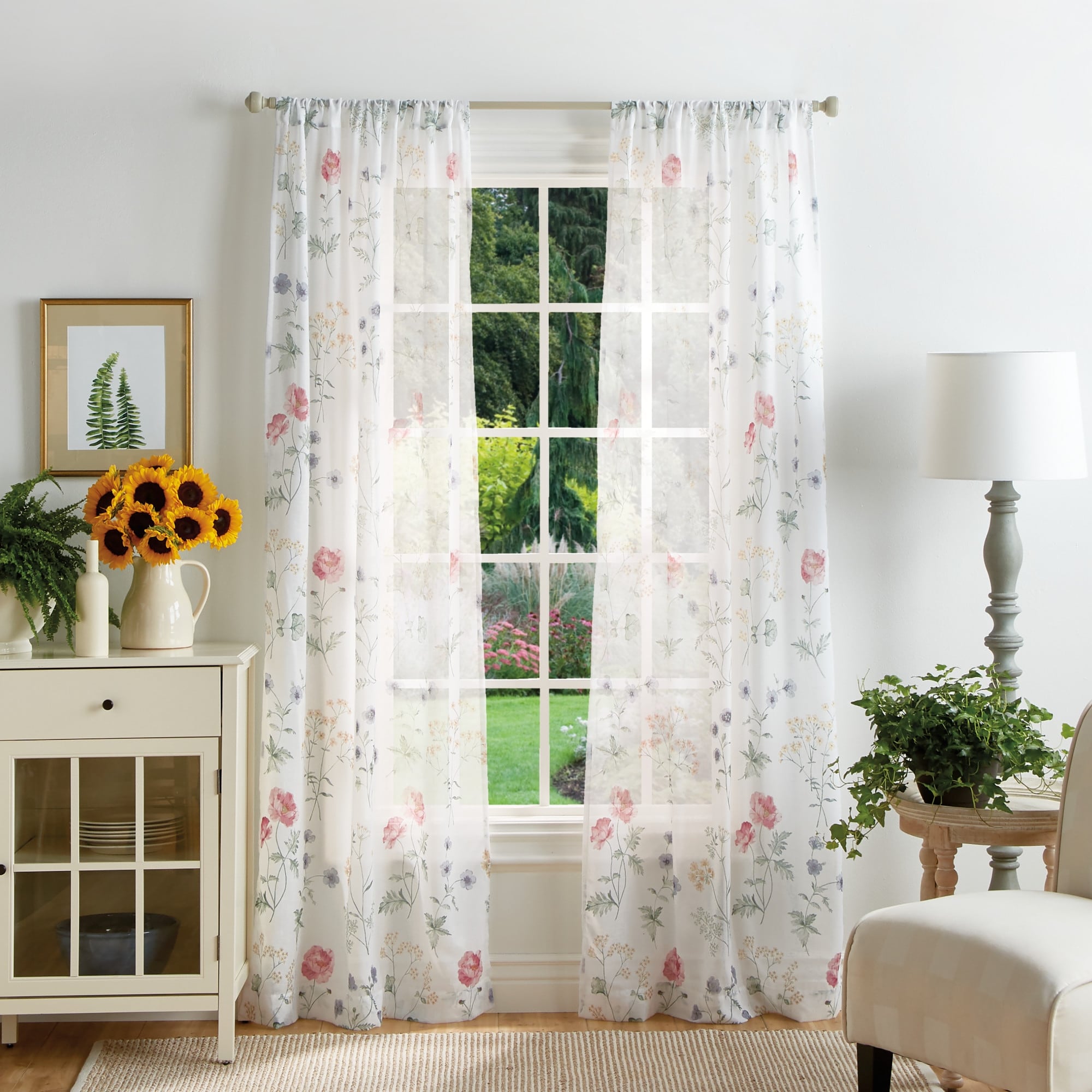 Martha Stewart Marthas Garden Floral Semi Sheer Rod Pocket Window Curtain Panel Pair