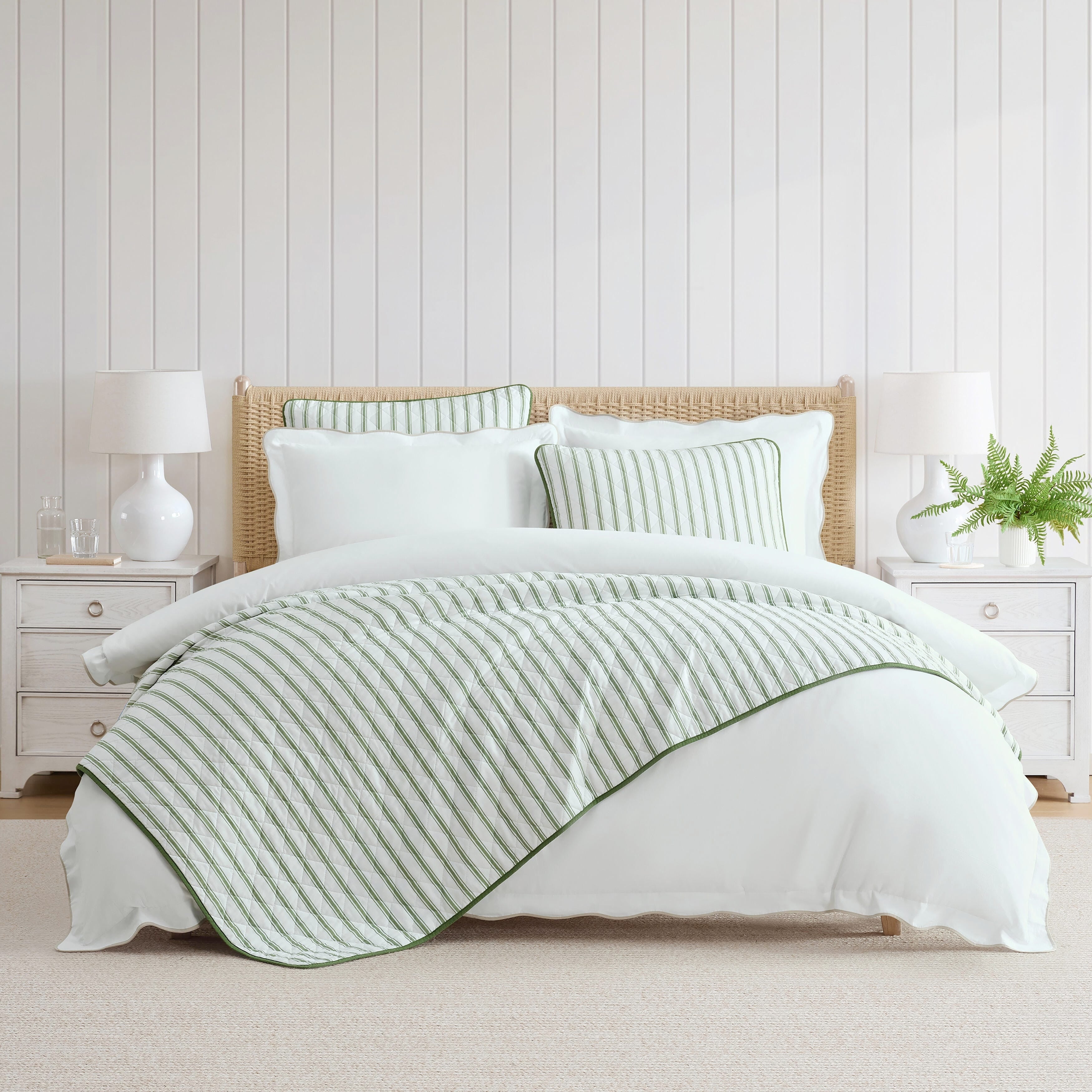 Martha Stewart Ticking Stripe Cotton Reversible Green Quilt Set