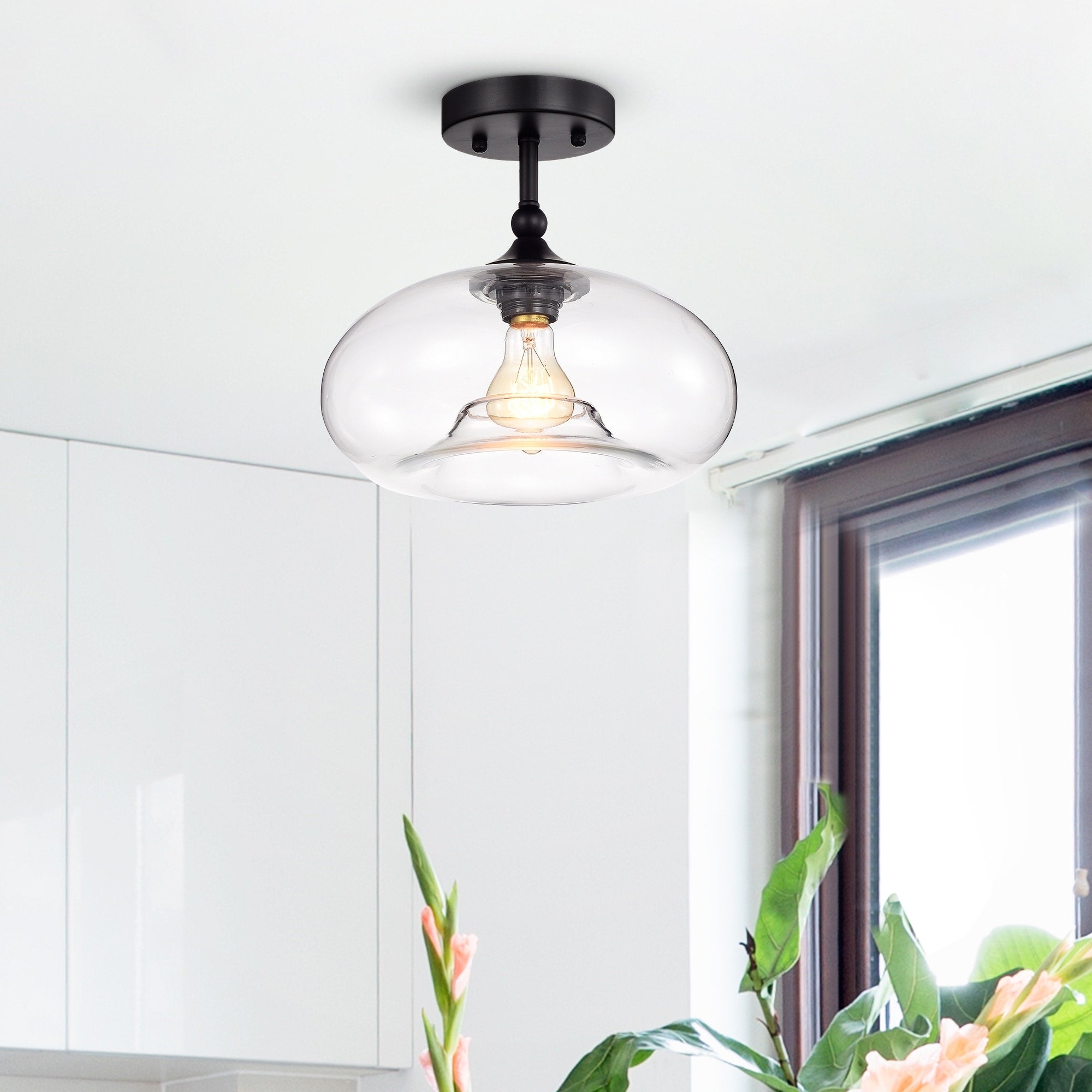 Masix Matte Black 1 Light Semi Flushmount Lamp With Donut Glass Shade