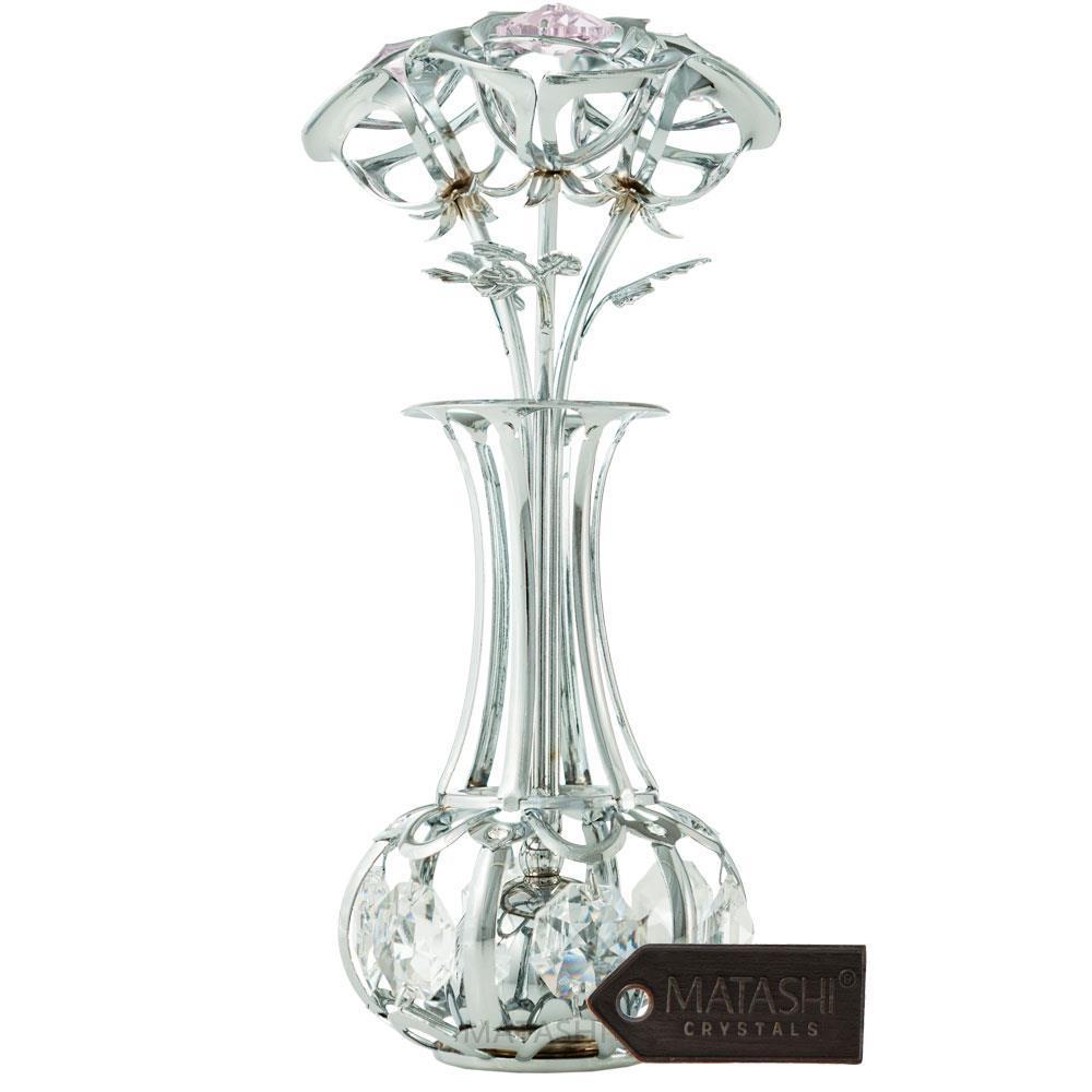 Matashi 24K Gold Plated Flowers Bouquet And Vase W Pink Clear Matashi Crystals 5 X 1.5 X 1.5