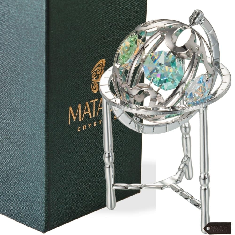 Matashi Chrome Plated Crystal Studded Silver Spinning Globe Ornament