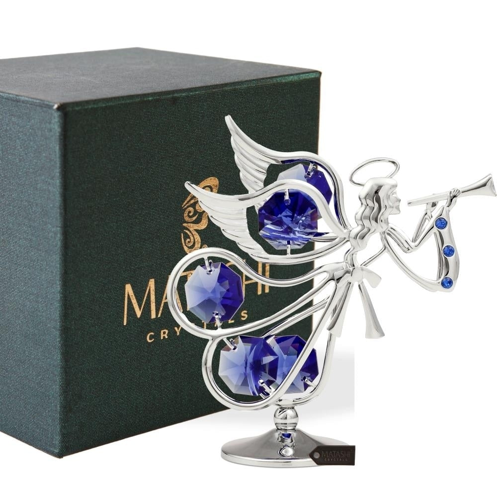 Matashi Chrome Plated W Crystal Flying Angel Playing A Trumpet Ornament