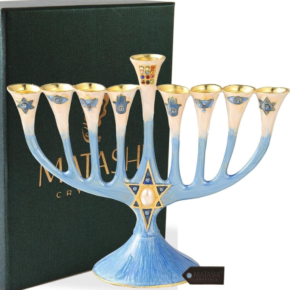 Matashi Hand Painted Enamel Menorah Candelabra W Star Of David Design Gold Accents W Crystals