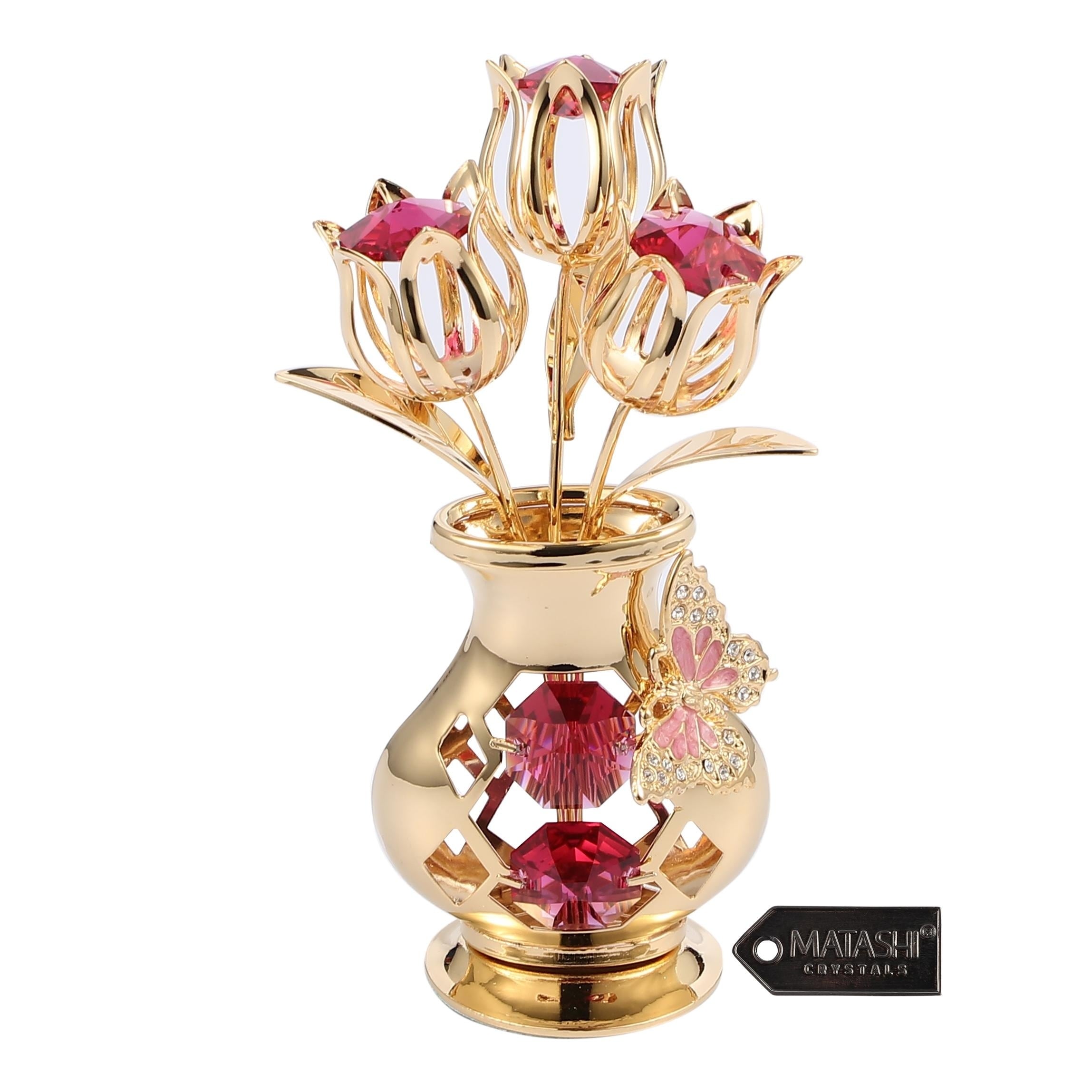 Matashi Home Decorative Showpiece 24K Gold Plated Crystal Studded Flower Ornament In Vase With Butterfly Red Crystals
