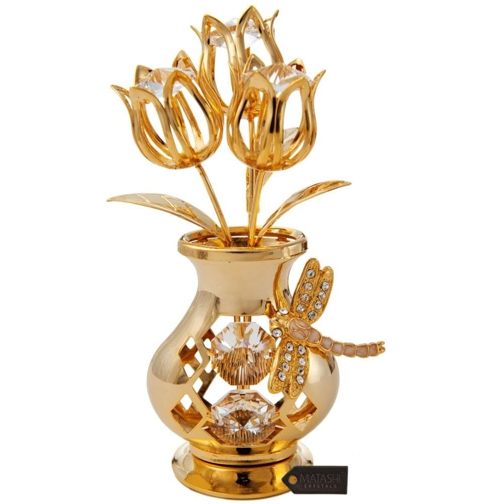 24K Gold Plated Crystal Studded Flower Ornament In A Vase With Decor
