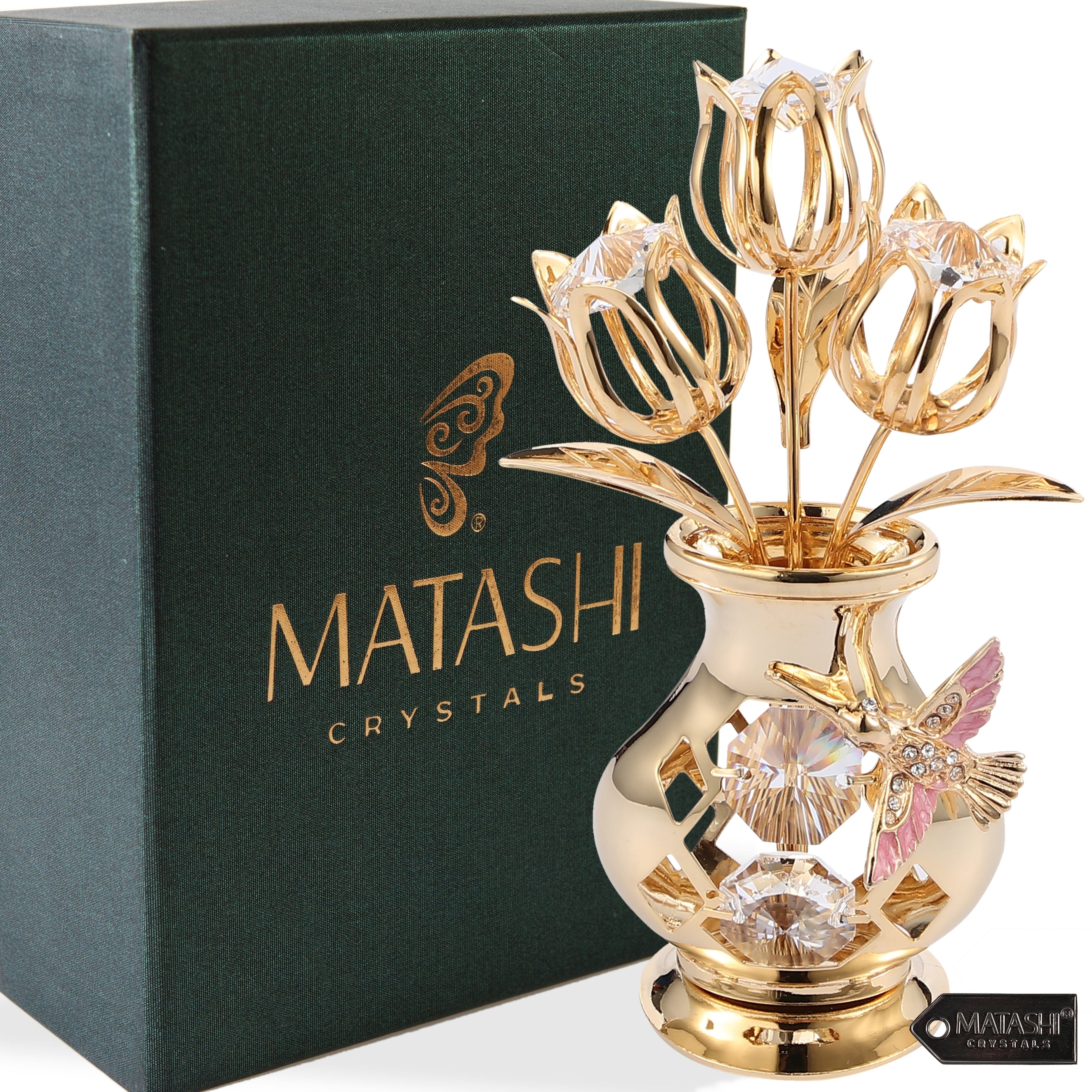 24K Gold Plated Crystal Studded Flower Ornament In A Vase With Decor