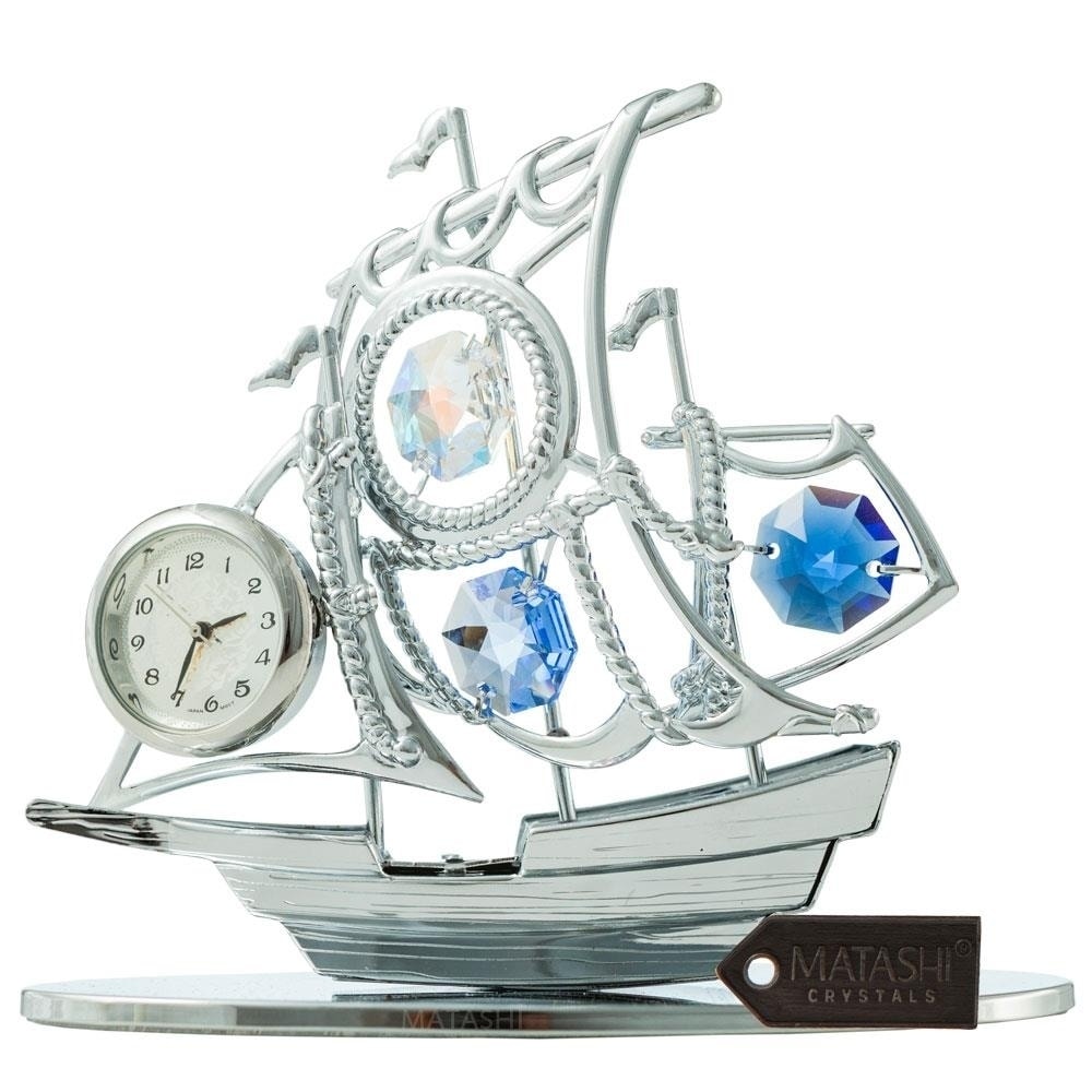 Matashi Chrome Silver Sailboat Tabletop Ornament With Clock Blue Crystals Home Or Work Decoration