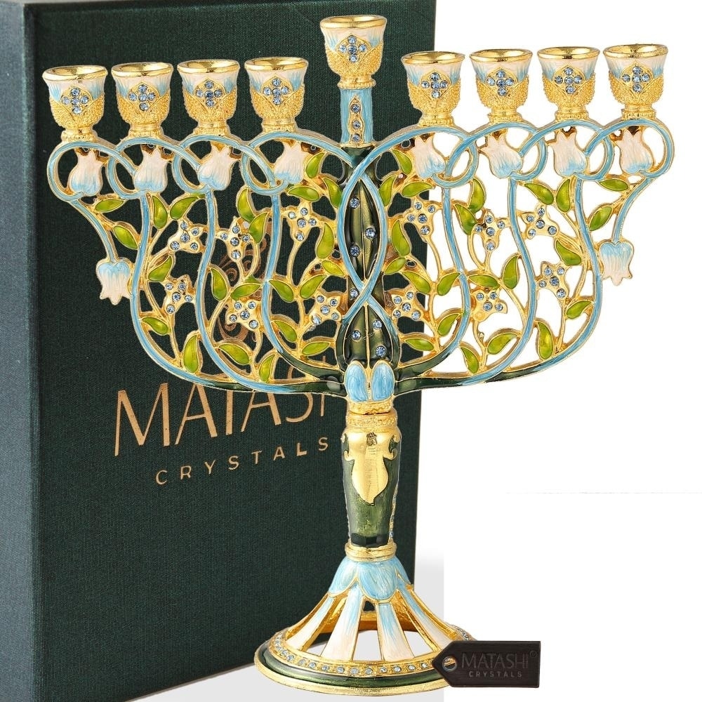 Matashi Mtmnr576 7.5 Tall Hand Painted Menorah Candelabra Embellished High Quality Blue Crystal