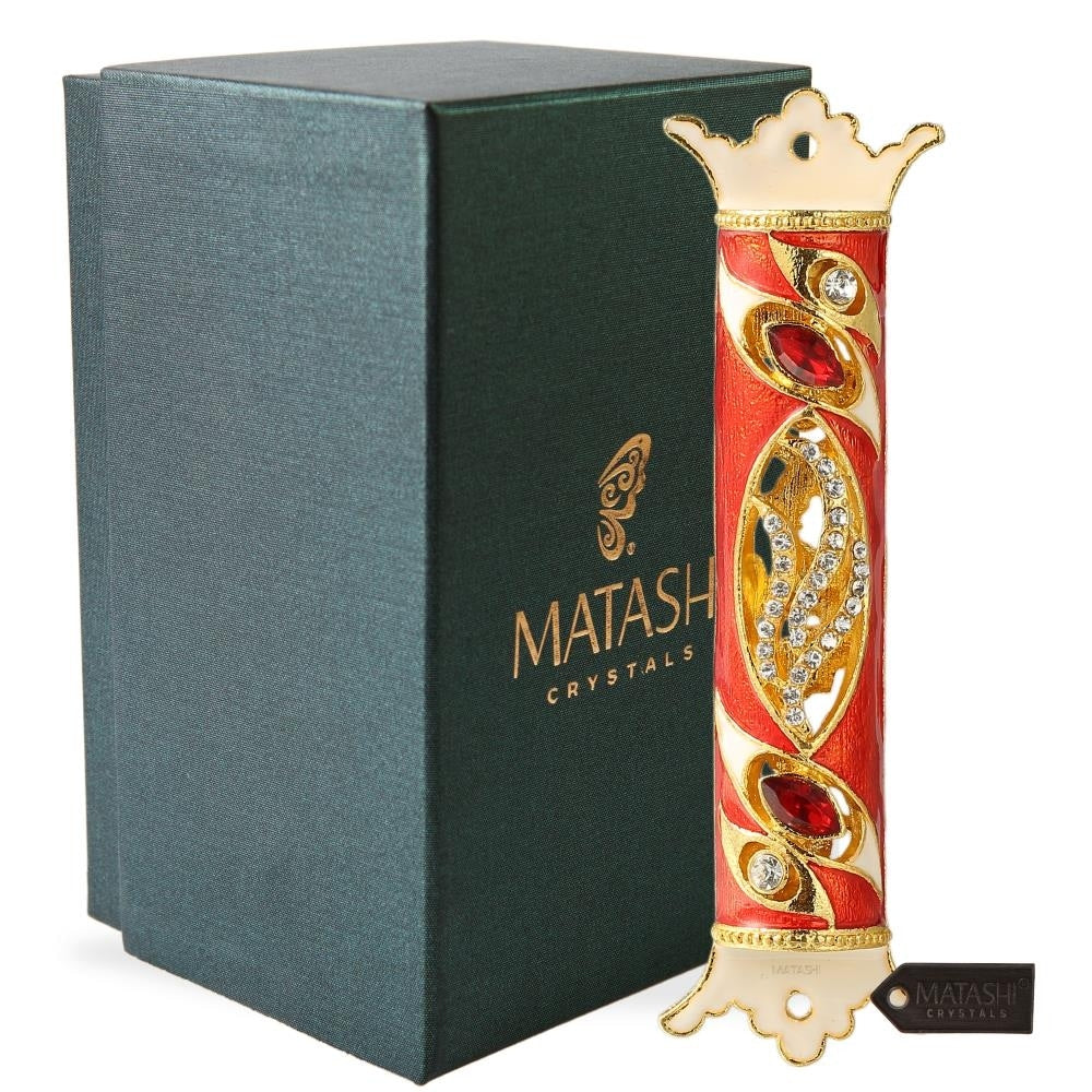 Matashi Mtmz572 4.5 Hand Painted Enamel Mezuzah Embellished With A Royal Red Design With Gold Accents Red And Clear Crystals