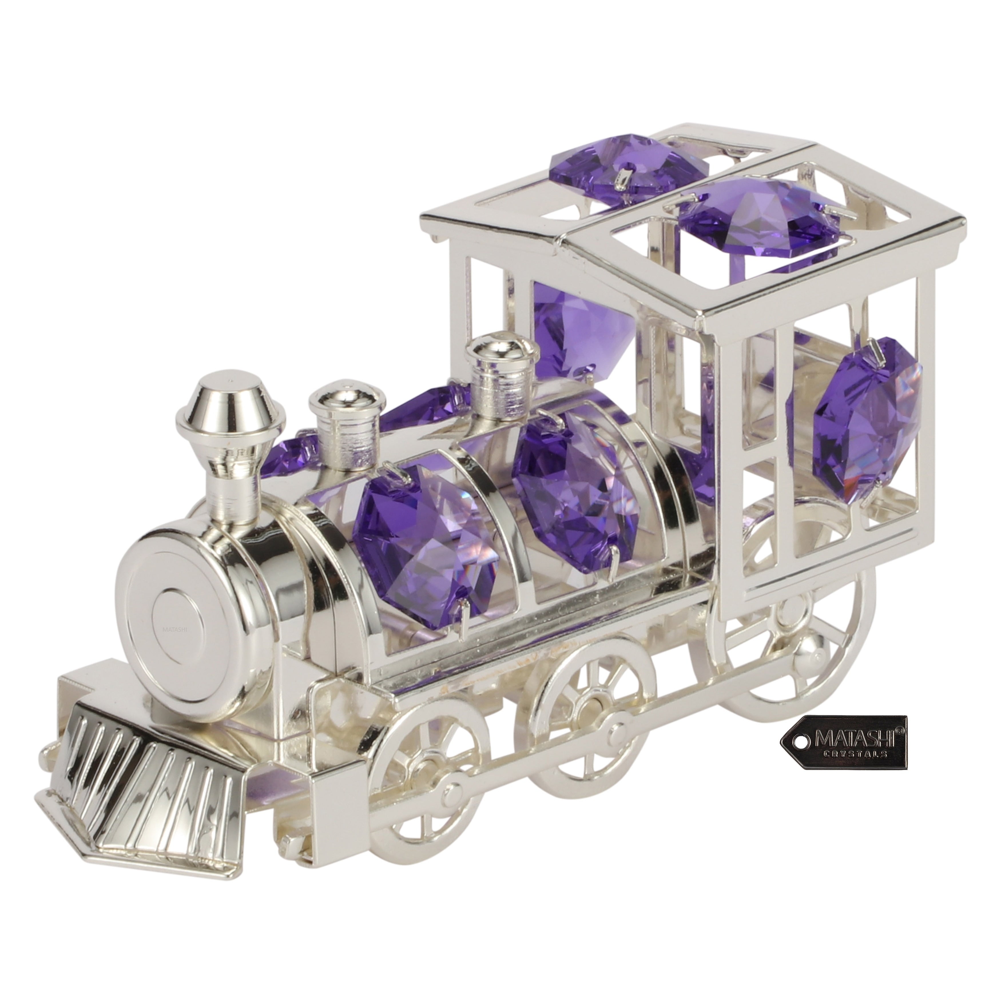 Matashi Silver Plated Highly Polished Train Ornament With Genuine Lavender Matashi Crystals