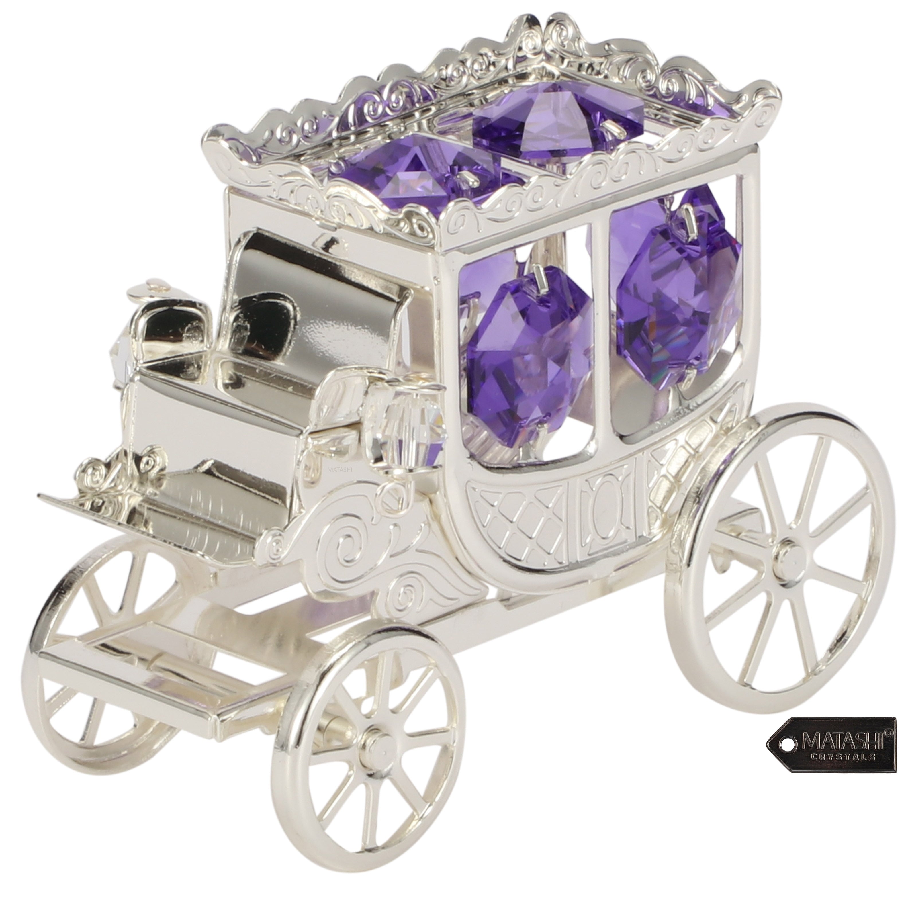 Matashi Silver Plated Princess Carriage Ornament With Purple And Clear Cut Crystals