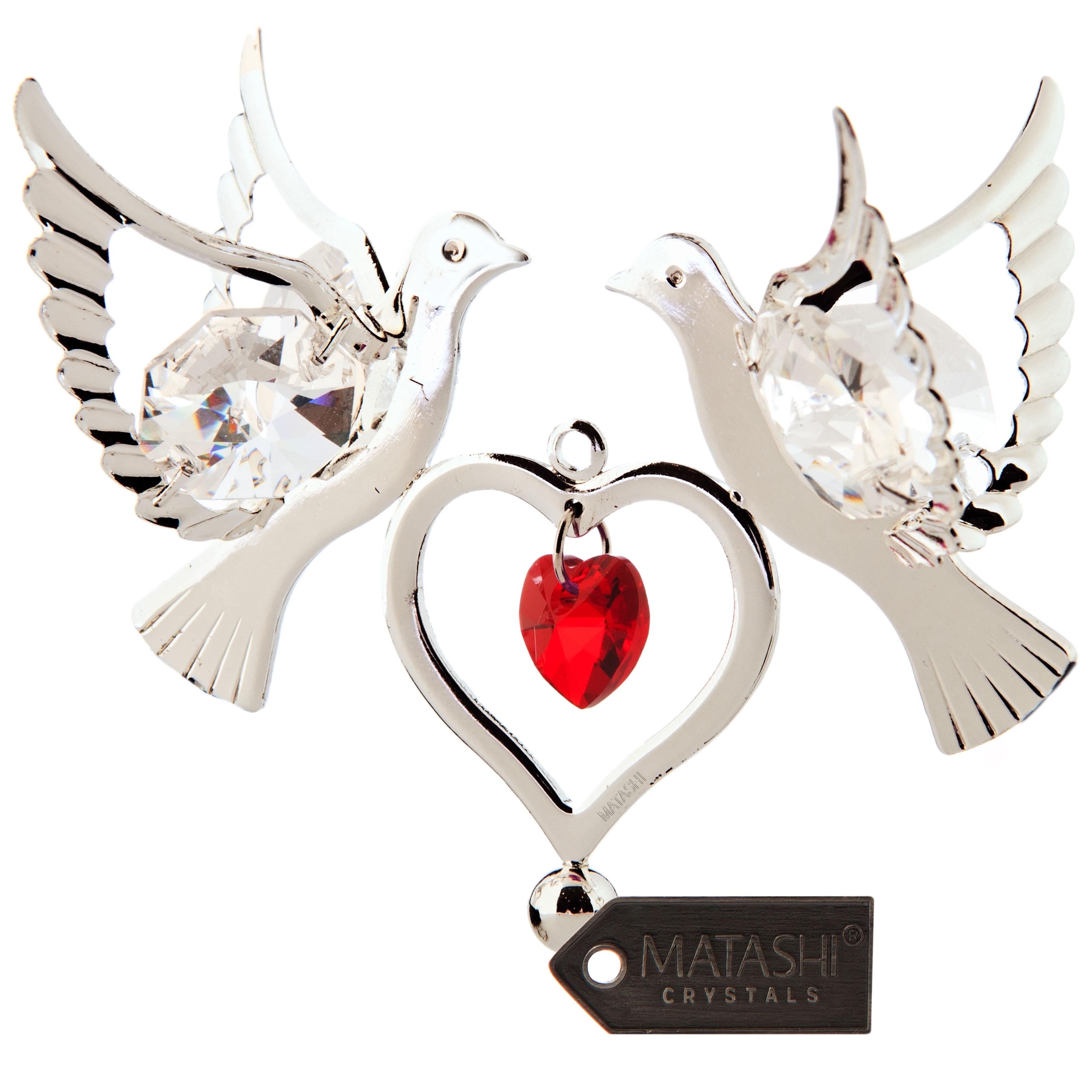 Matashi Silver Plated Red Crystal Studded Love Doves Birds Hanging Ornament With Heart Romantic Gift