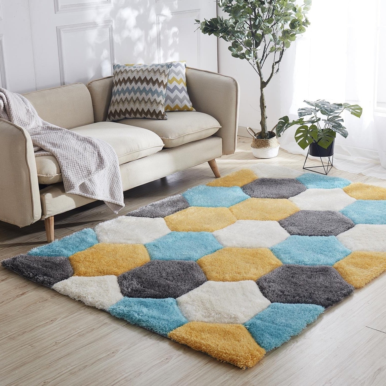 Mateos Shag Collection Blue Gold Abstract Area Rug
