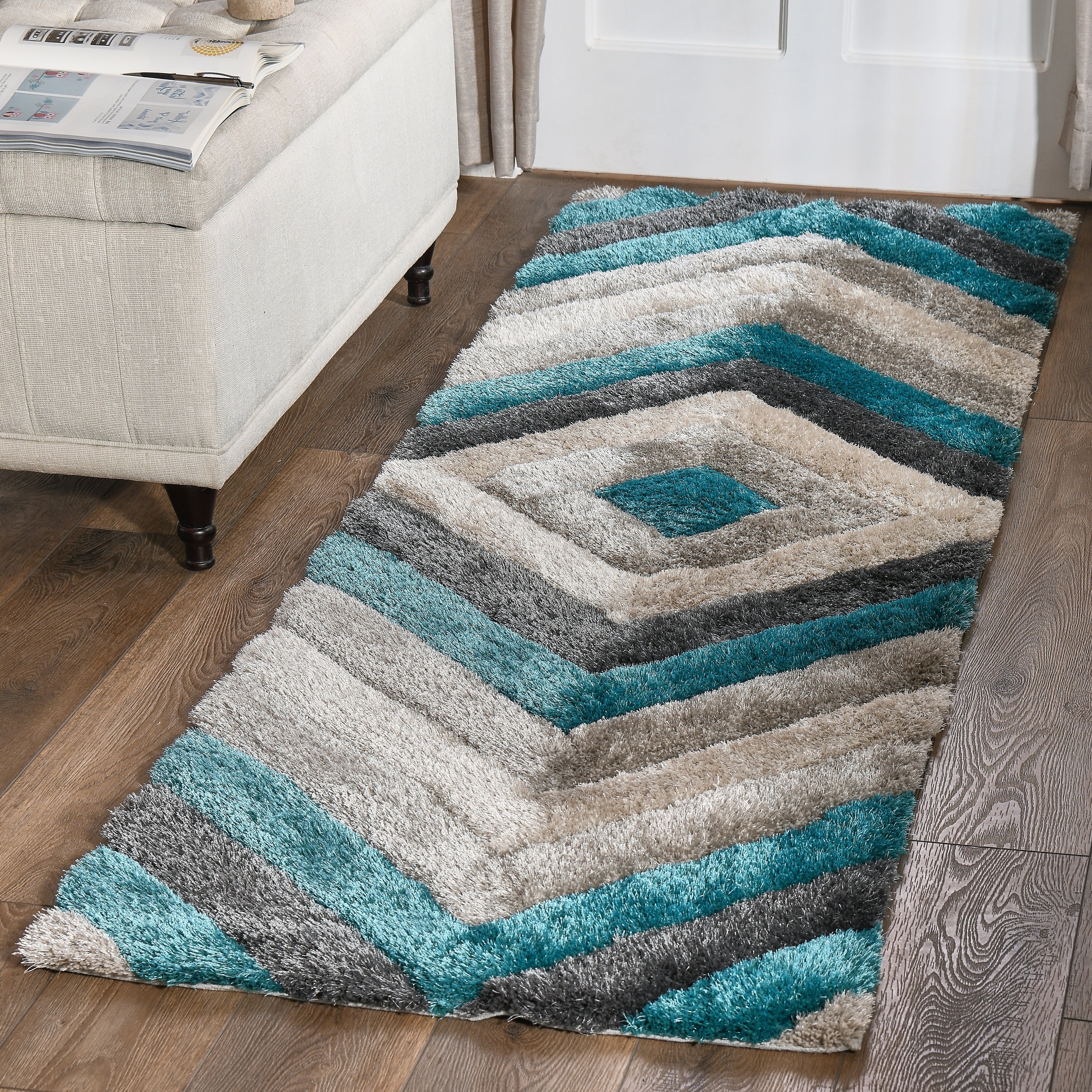 Mateos Shag Collection Grey Brown Geometric Area Rug