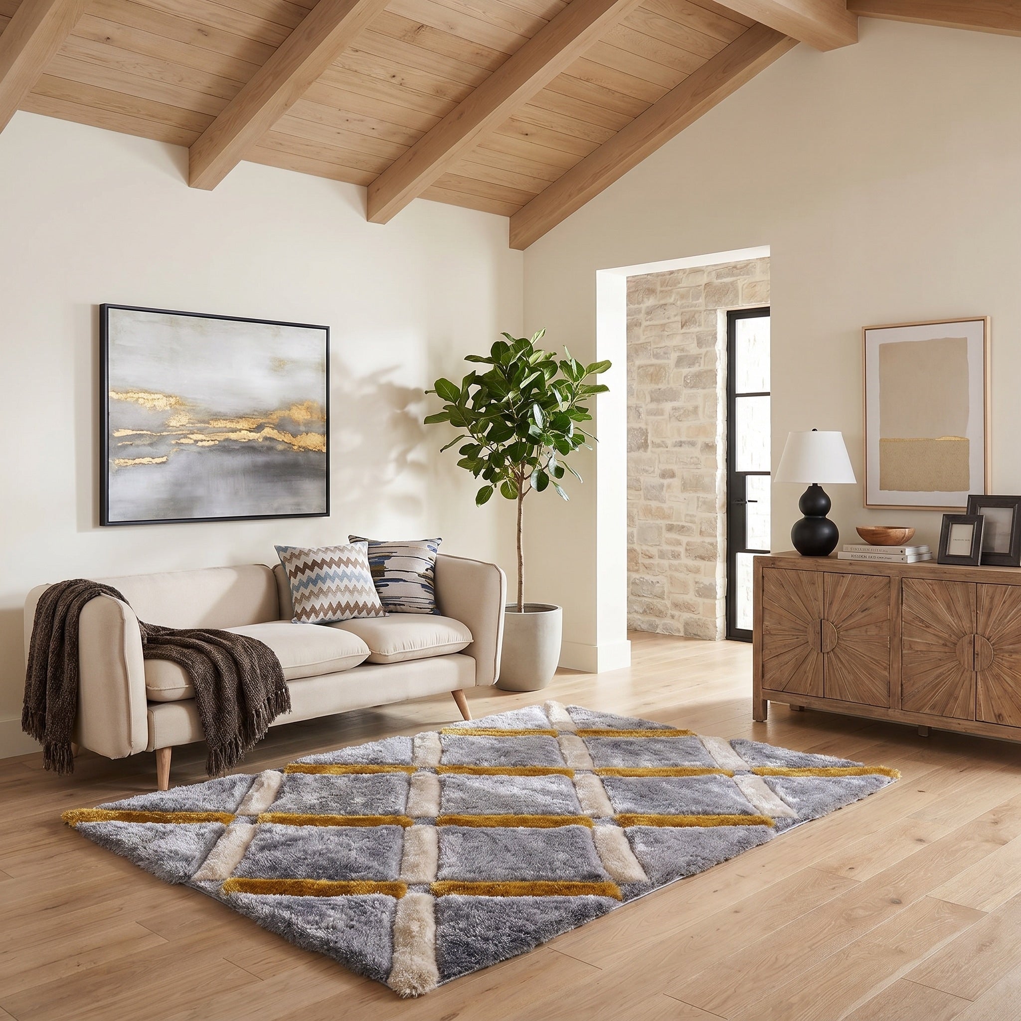 Mateos Shag Collection Grey Gold Geometric Area Rug