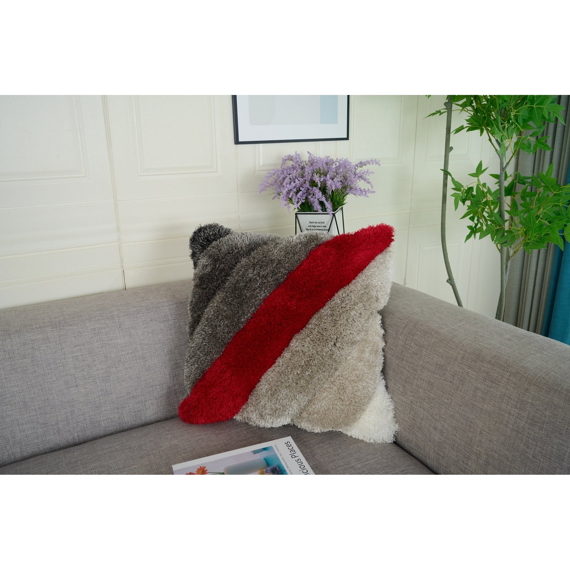 Mateos Shag Collection Red Gray Striped Shag Pillow 20 X 20