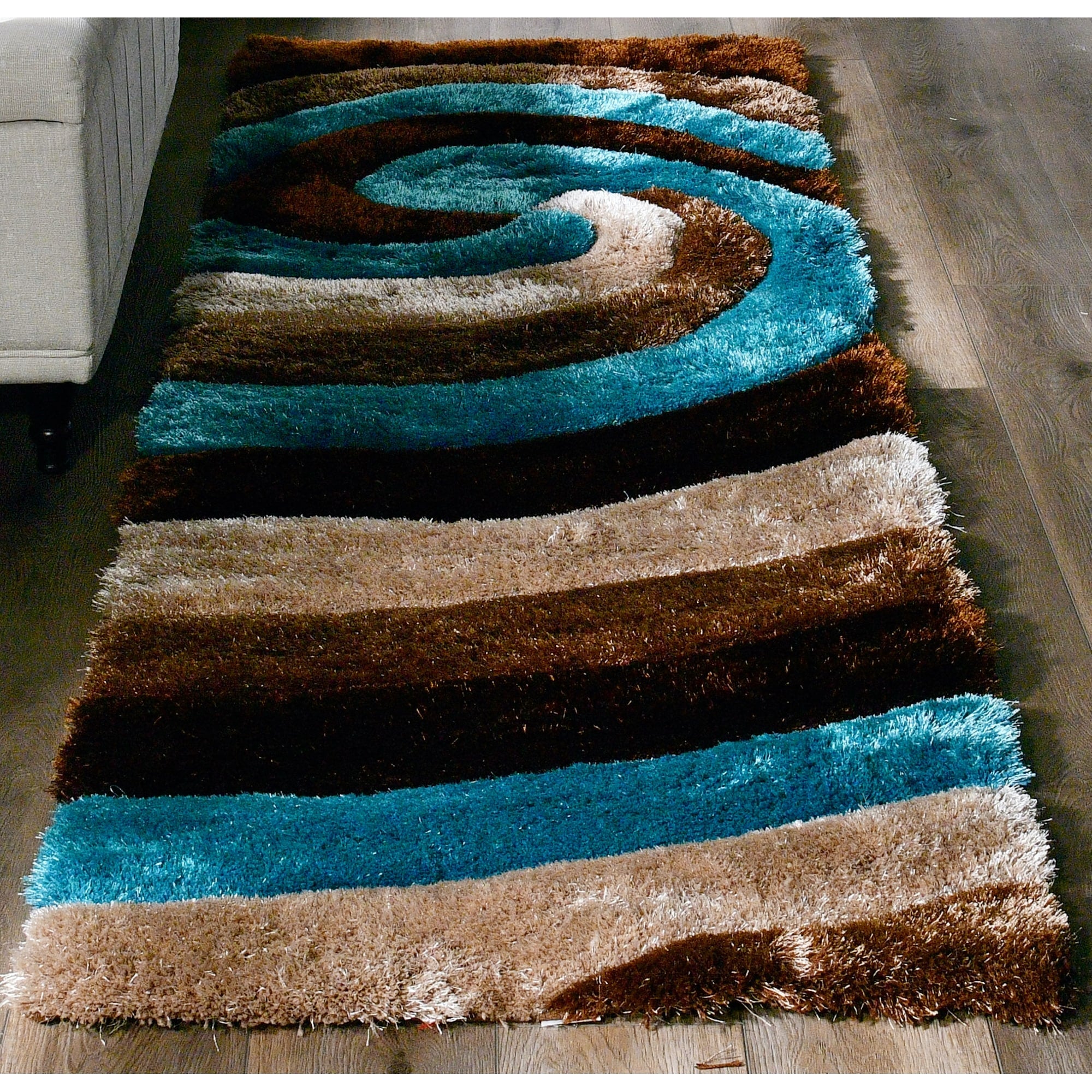 Mateos Shag Collection Brown Blue Swirl Area Rug