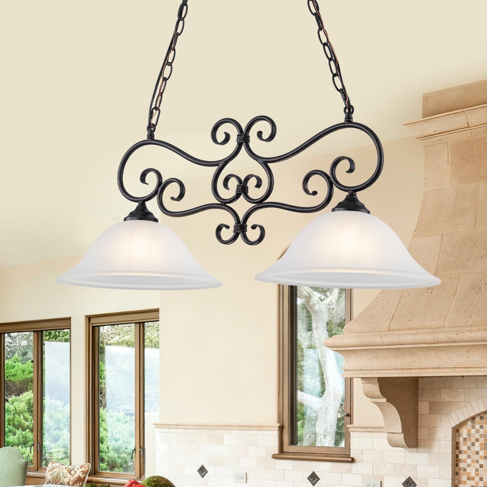 Matte Black 2 Light Linear Chandelier With Bell Glass Shades Dia.32.28 In