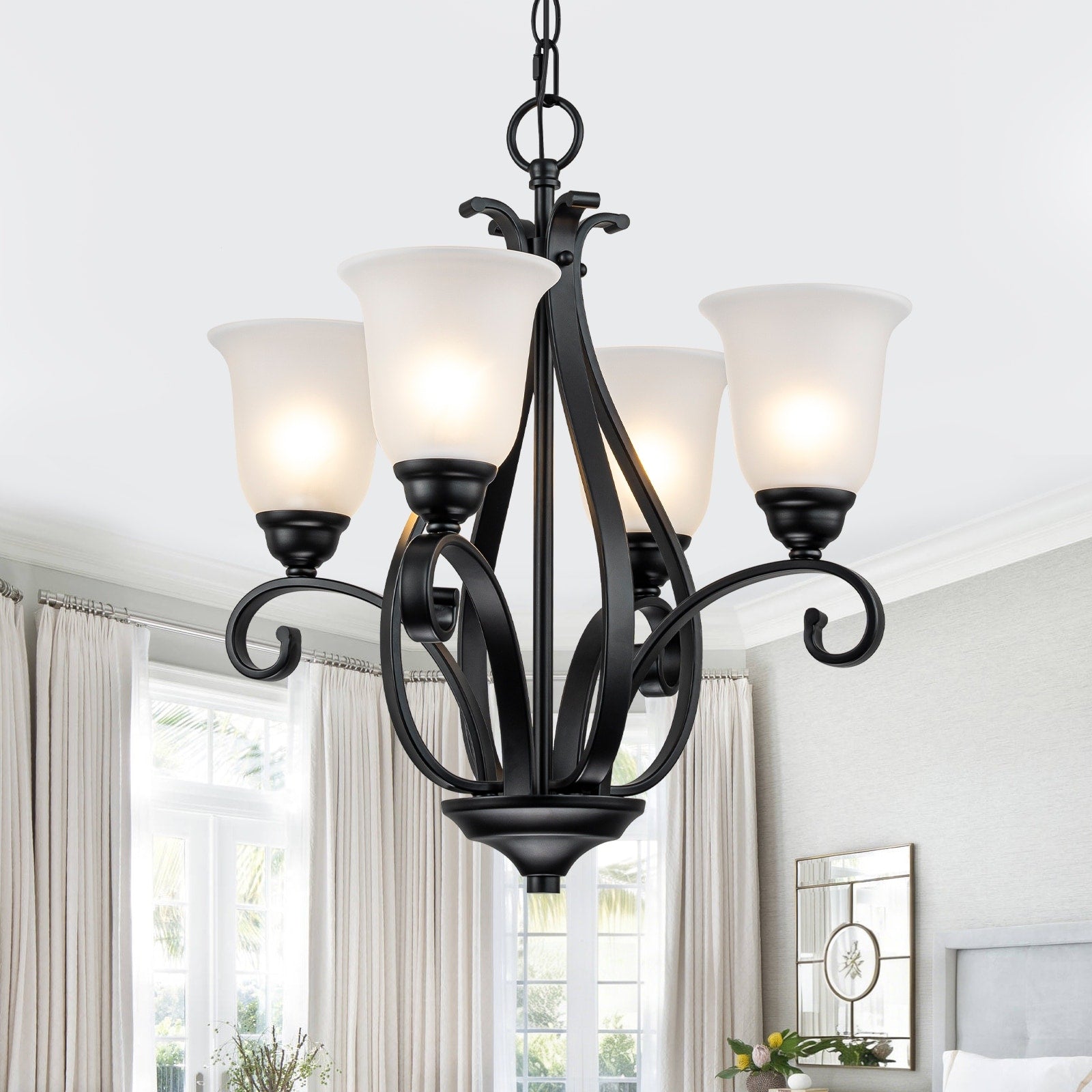 Matte Black 4 Light Candelabra Chandelier With Bell Glass Shades Dia.8.39 In
