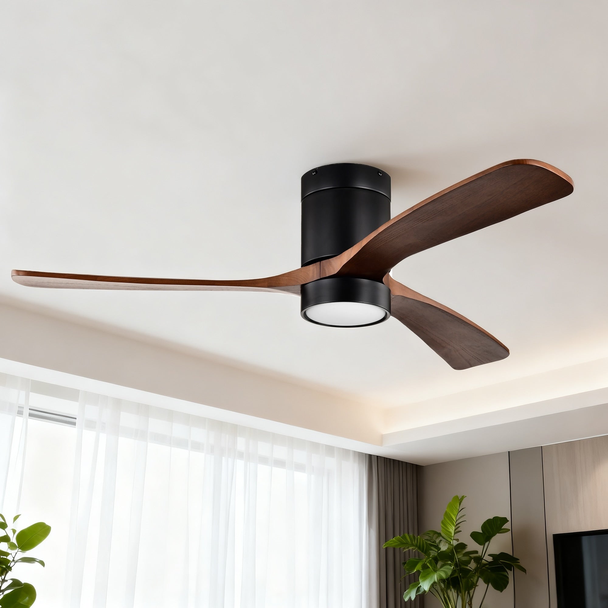 Matte Black 52 In. Indoor Flush Mount Ceiling Fan With 3 Solid Wood Blades Dark Walnut 6 Speed Remote Control 3Cct Led Light