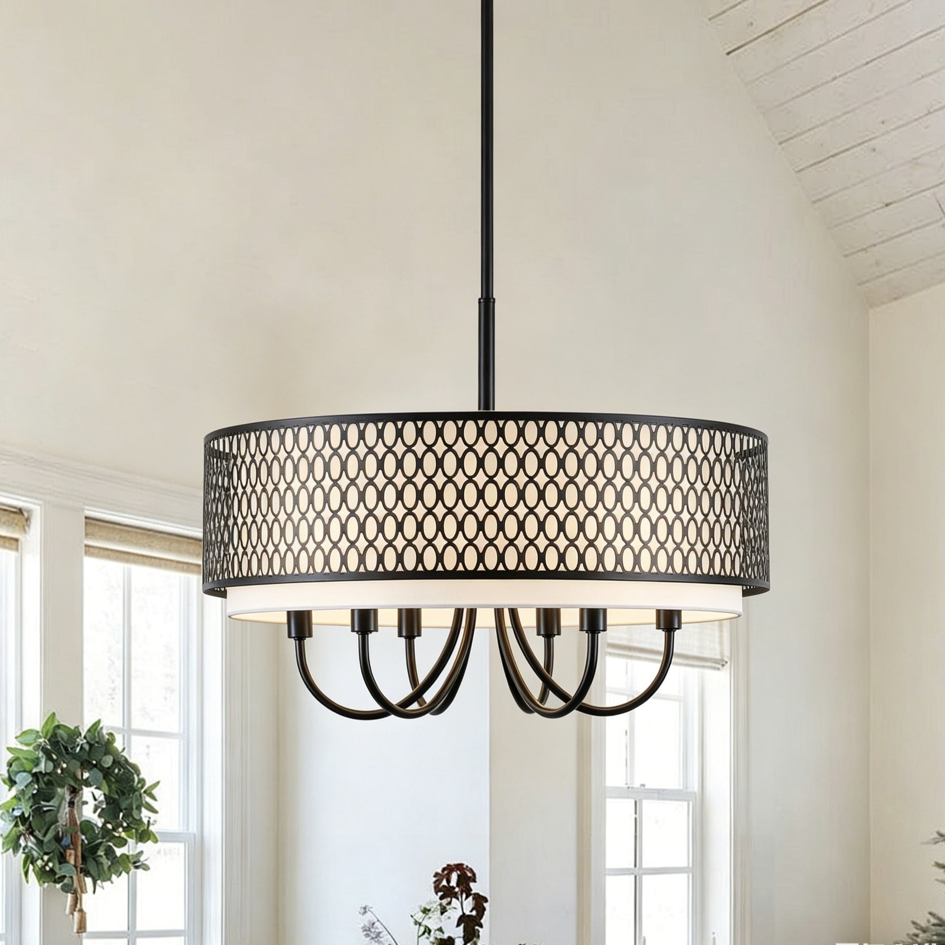 Matte Black 6 Light Metal Geometric Pendant Light Drum Chandelier With White Fabric Shade