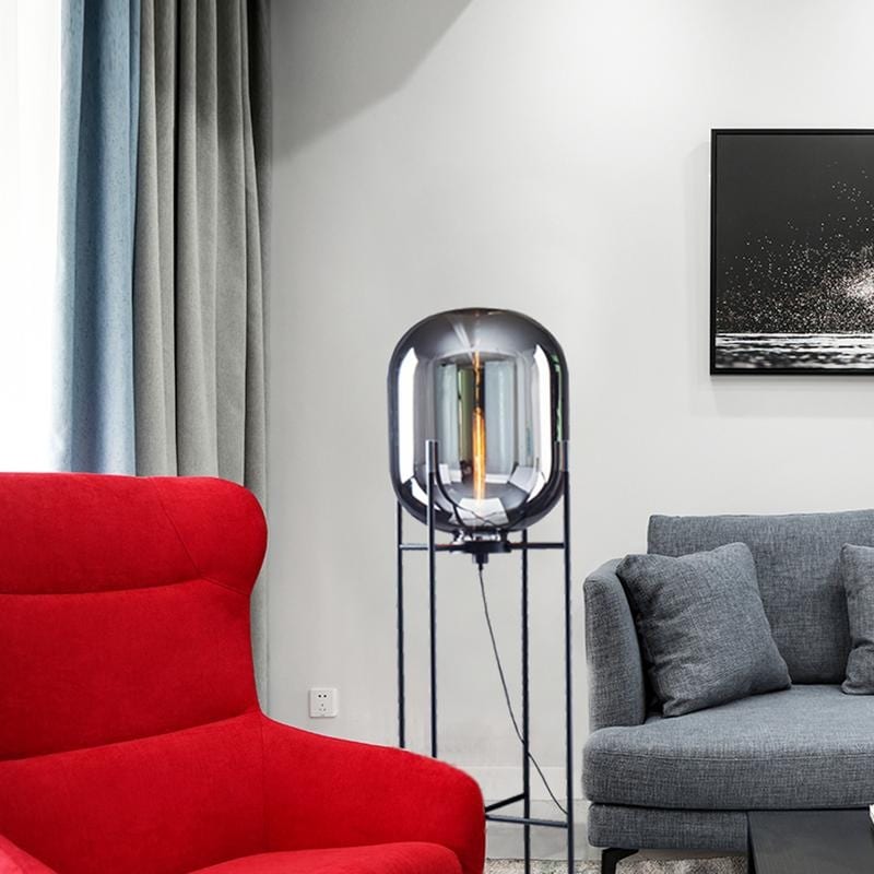 Matte Black Metal Floor Lamp With Smoke Glass Shade