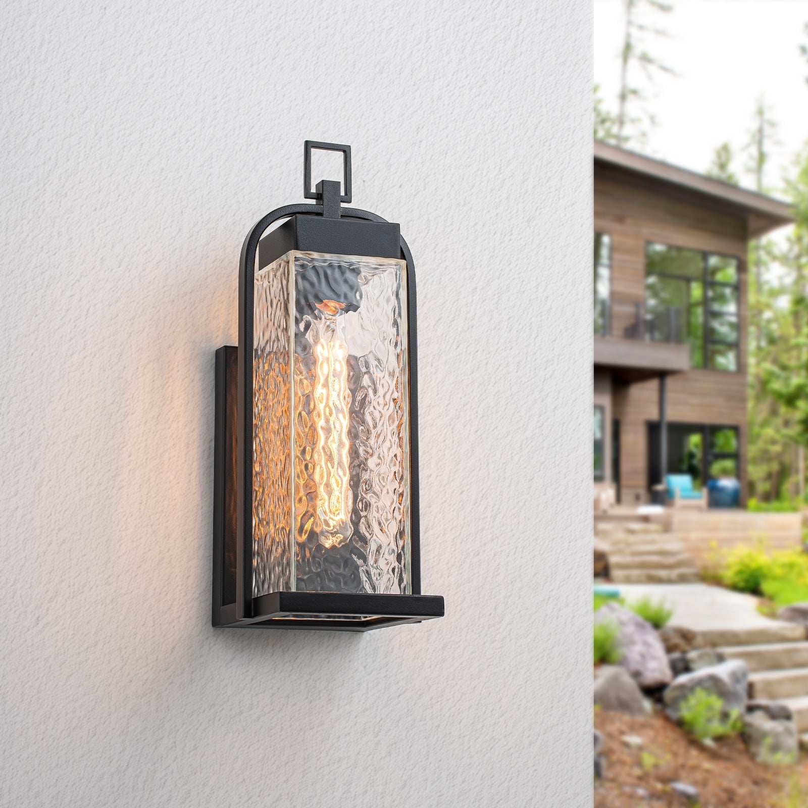 Matte Black Outdoor Wall Sconce Water Ripple Glass For Patio Porch W5.51 X H14.96 Inch