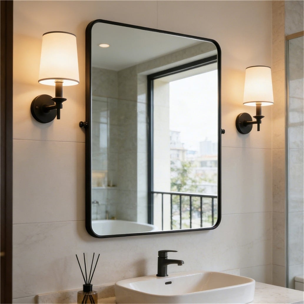 Matte Black Pivot Mirror For Bathroomtilt Rounded Rectangle Vanity