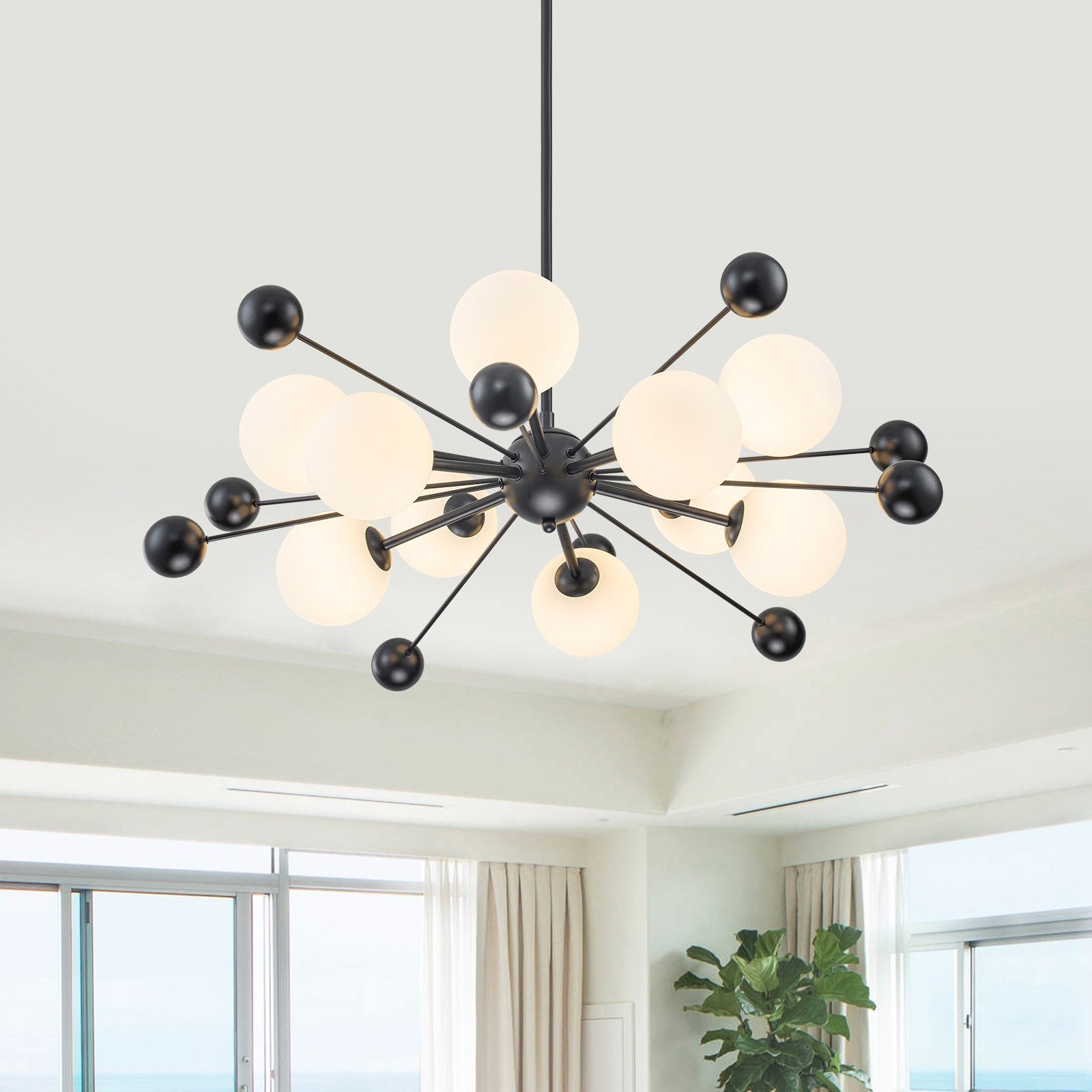 Matte Black Sputnik Chandelier Opal Glass Globes Mid Century Modern Dia.31.5 In