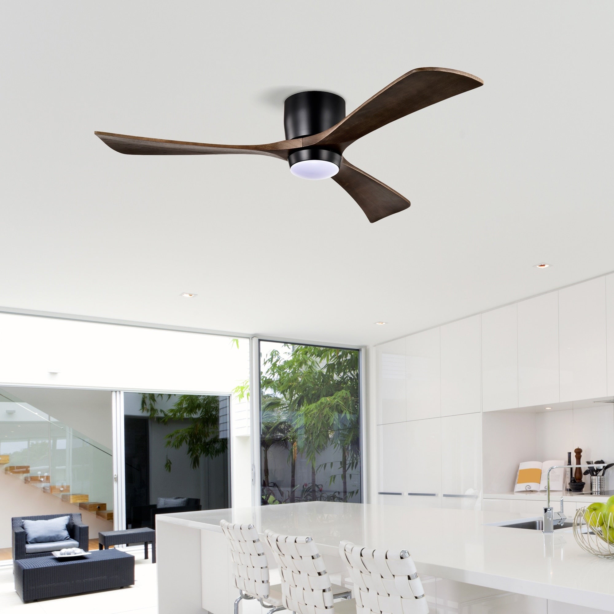 Matte Black Wood Flush Mount Ceiling Fan With Dimmable Led Light Remote