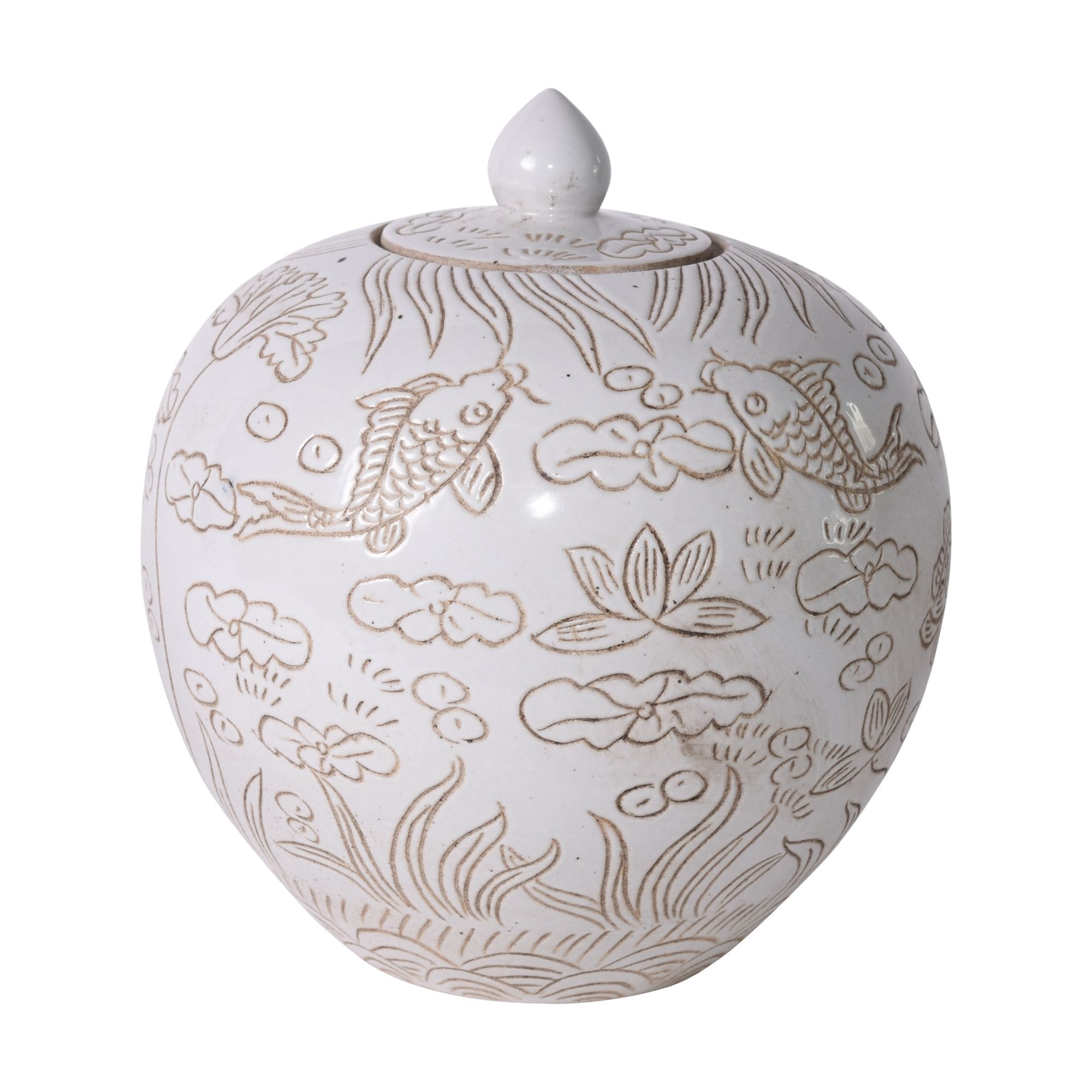 Matte White Carved Fish Melon Jar 12X12X12