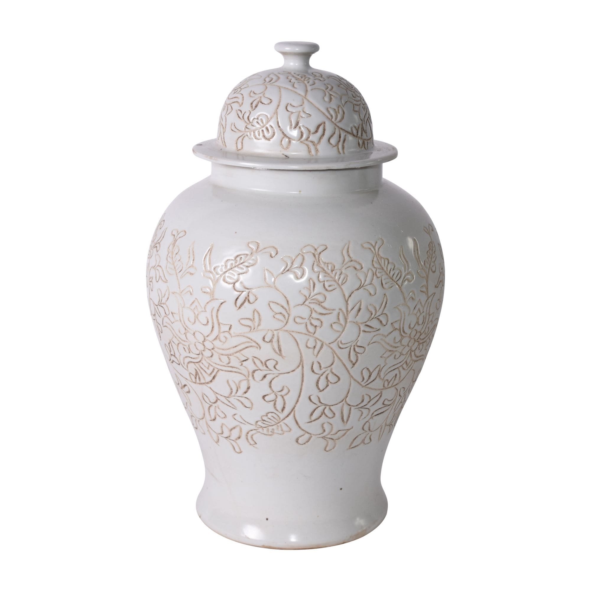 Matte White Carved Floral Temple Jar 12X12X20