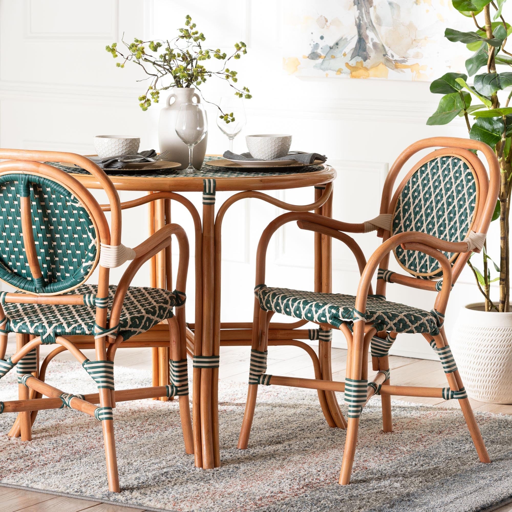 Mattie Rattan Bistro Chair Handwoven Cafe Style Dining Chair With Curved Arms For Kitchen Or Indoor Outdoor Lounge