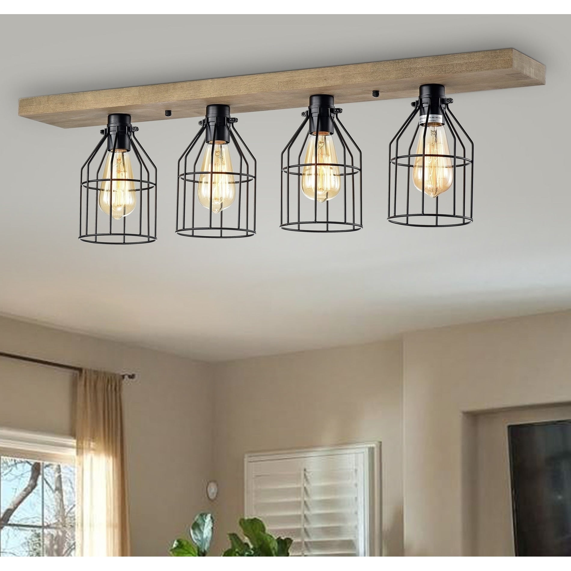 Matzing 4 Light Wood And Metal Cage Flush Mount