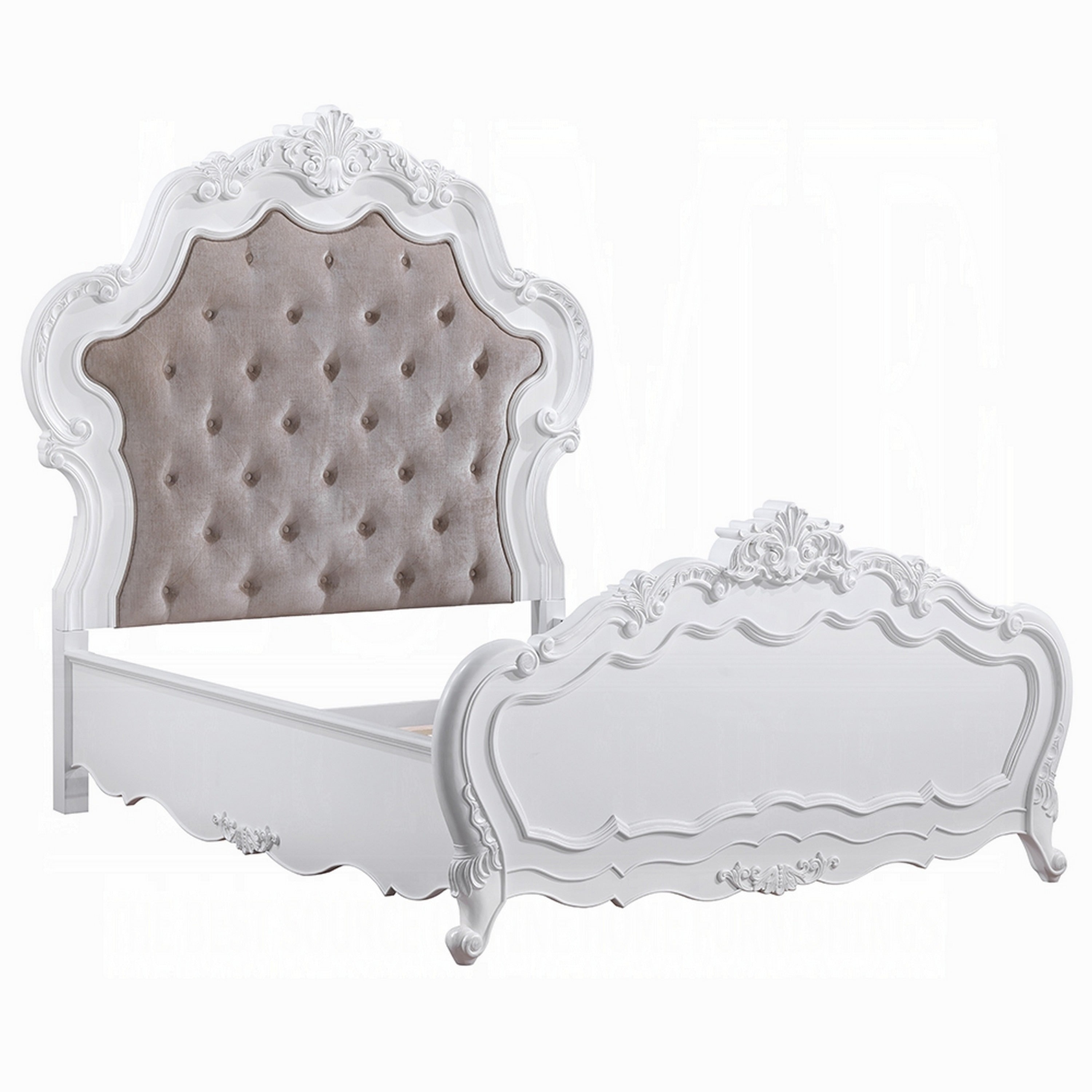 Maver Queen Size Bed Taupe Upholstered Scalloped Headboard White