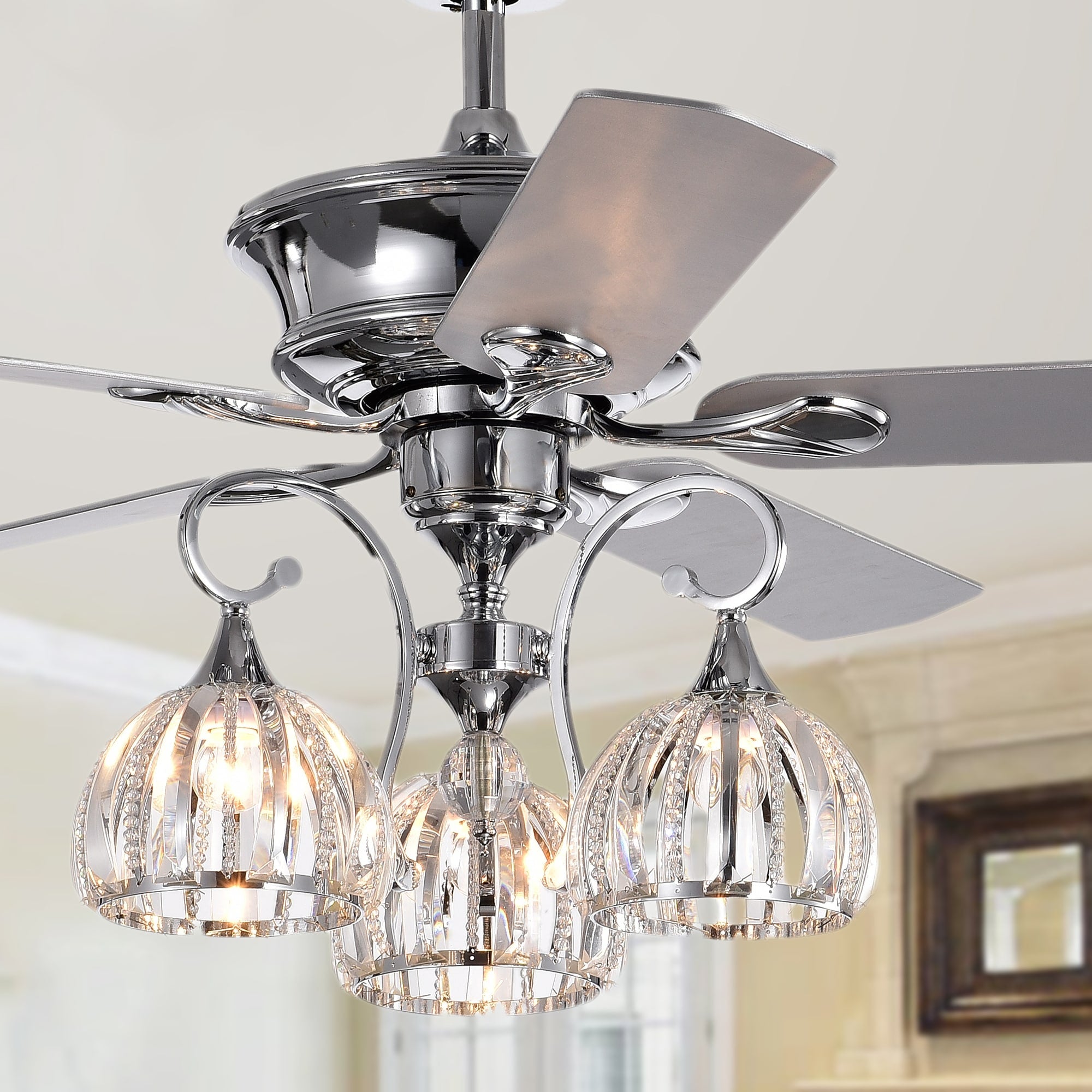 Mavyn 5 Blade 52 Inch Chrome Ceiling Fan With 3 Light Crystal Chandelier Optional Remote