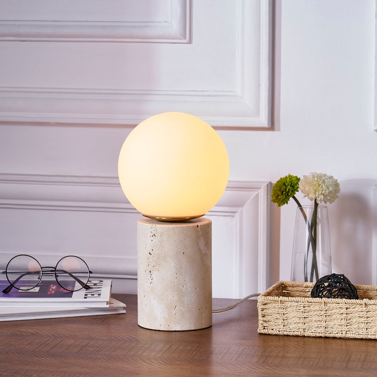 Maxax 11.5 Modern Travertine Table Lamp With Milky Glass Globe Shade For Bedroom Living Room And Nightstand Desk