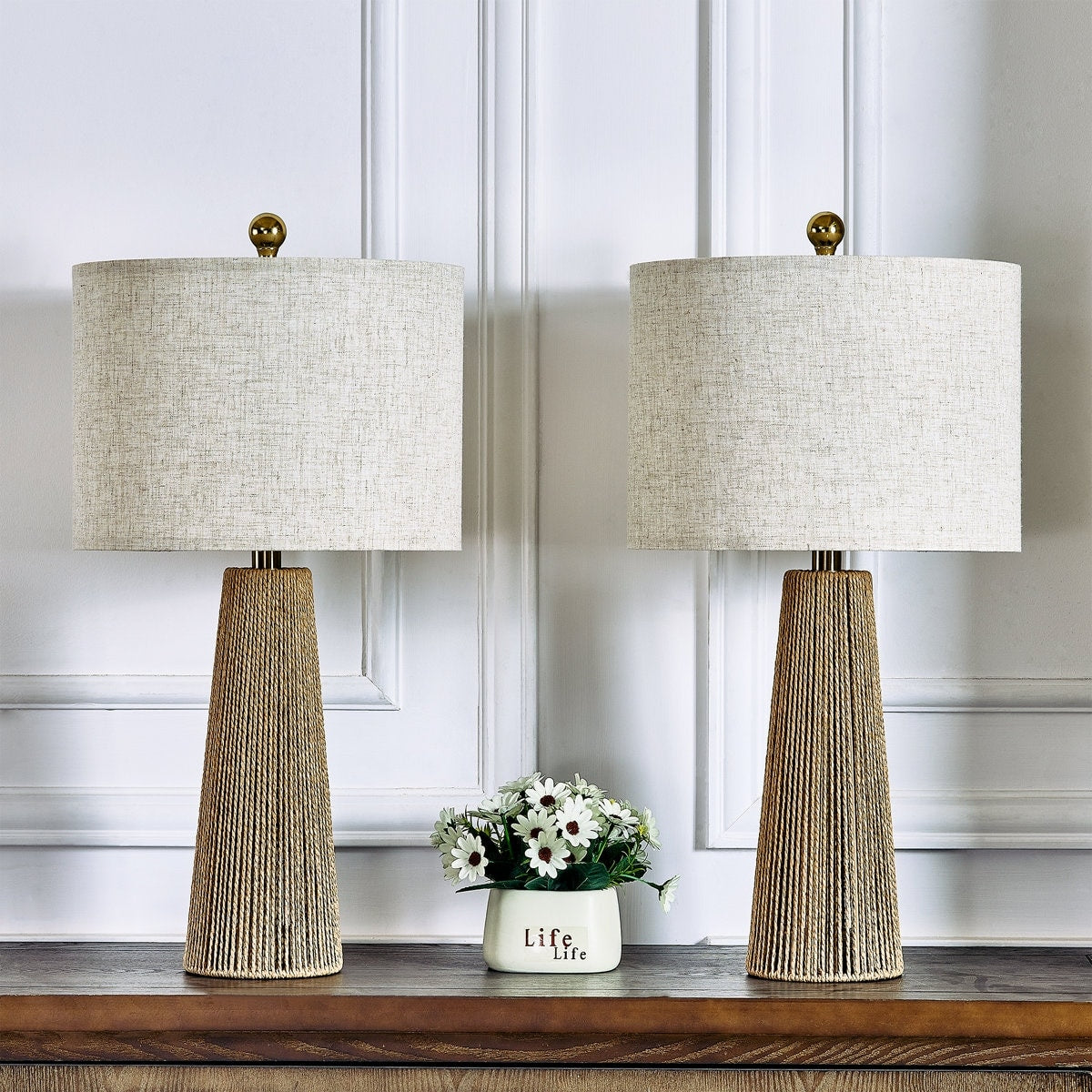 Maxax 25.8 In. Brown Boho Metal Fabric For Bedroom Living Room Bedside Desk Nightstand Hardware Paper Rope Table Lamp Set Of 2
