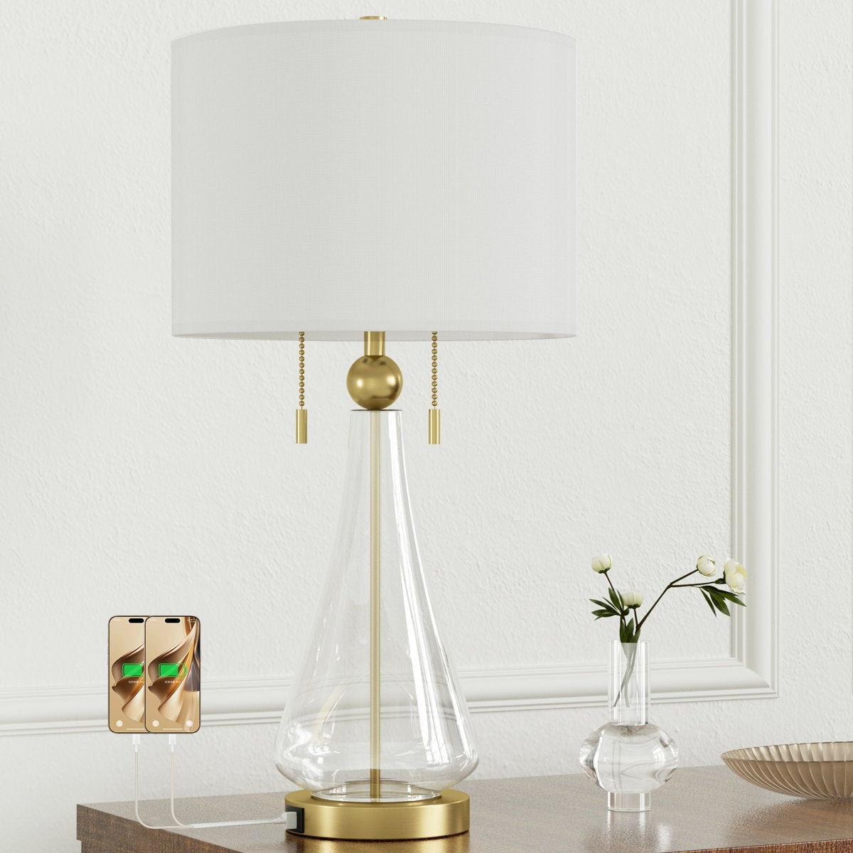 Maxax 28 Modern Glam Glass Table Lamp Usb Charging Pull Chain Soft Lighting For Bedroom Living Room