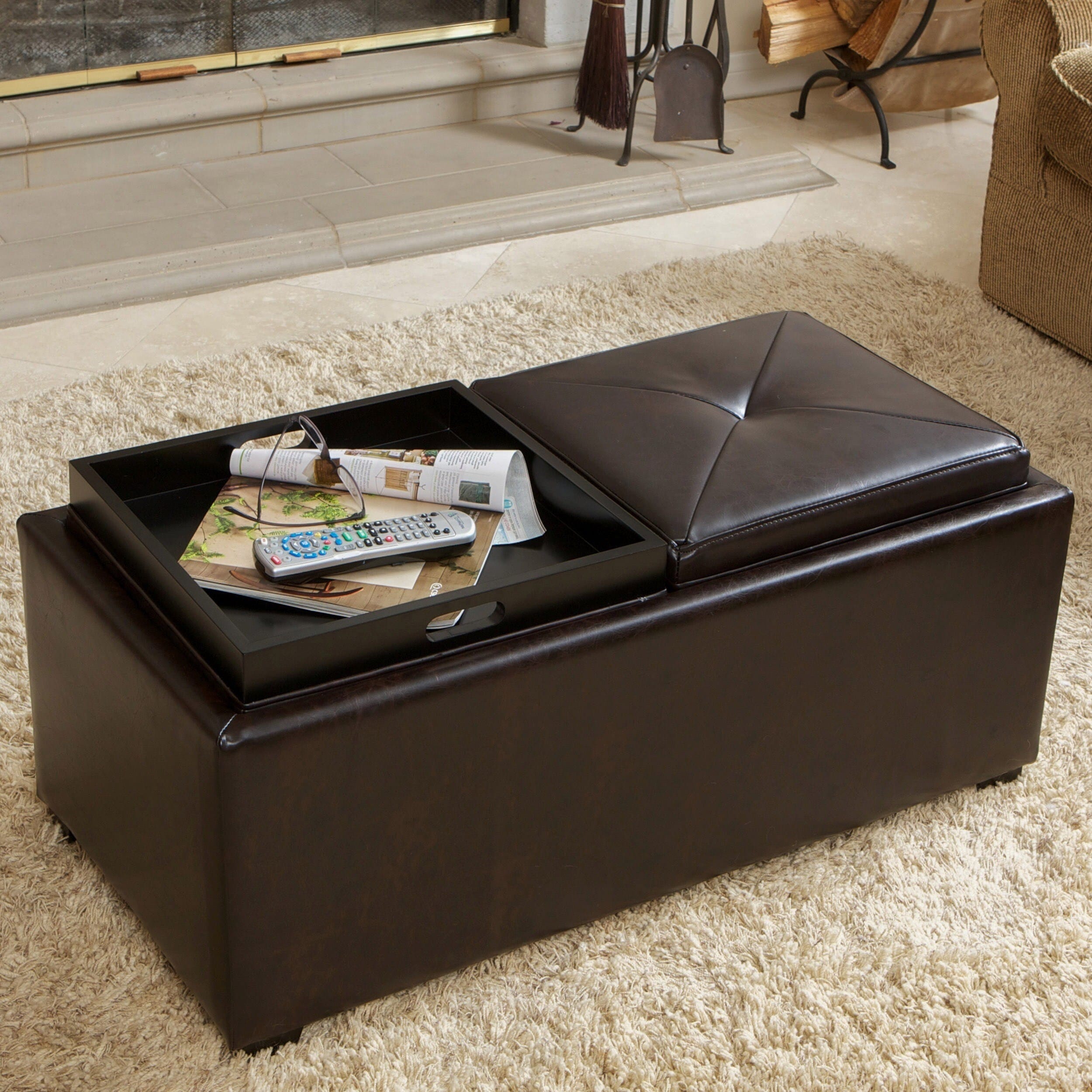 Maxwell Brown Bonded Leather Double Tray Ottoman By Christopher Knight Home