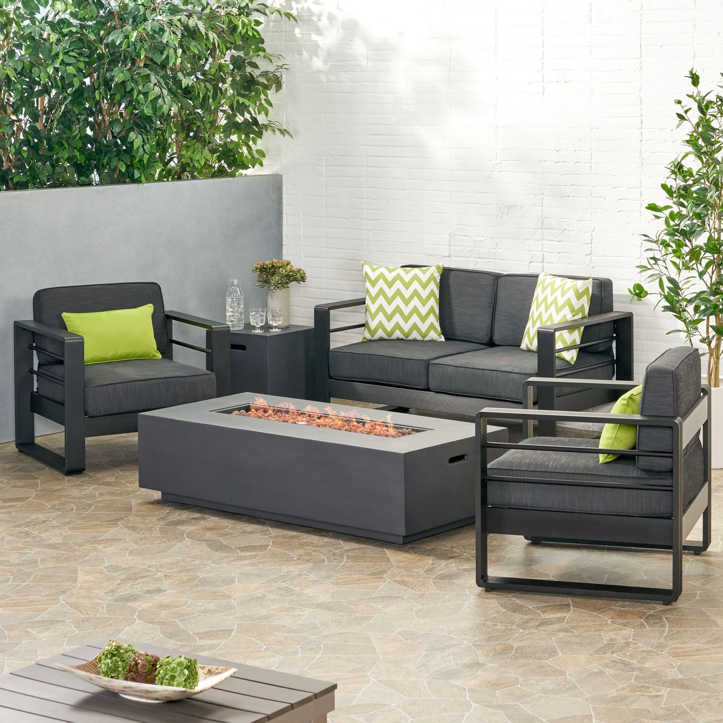 Maya Bay Outdoor Aluminum 4 Seater Chat Set With Fire Pit By Christopher Knight Home