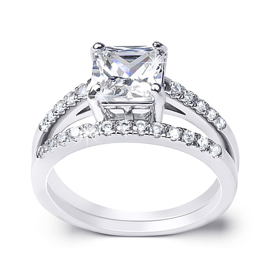 Sterling Silver Cz Princess Cut Bridal Engagement Ring Set 1.75 Ctw
