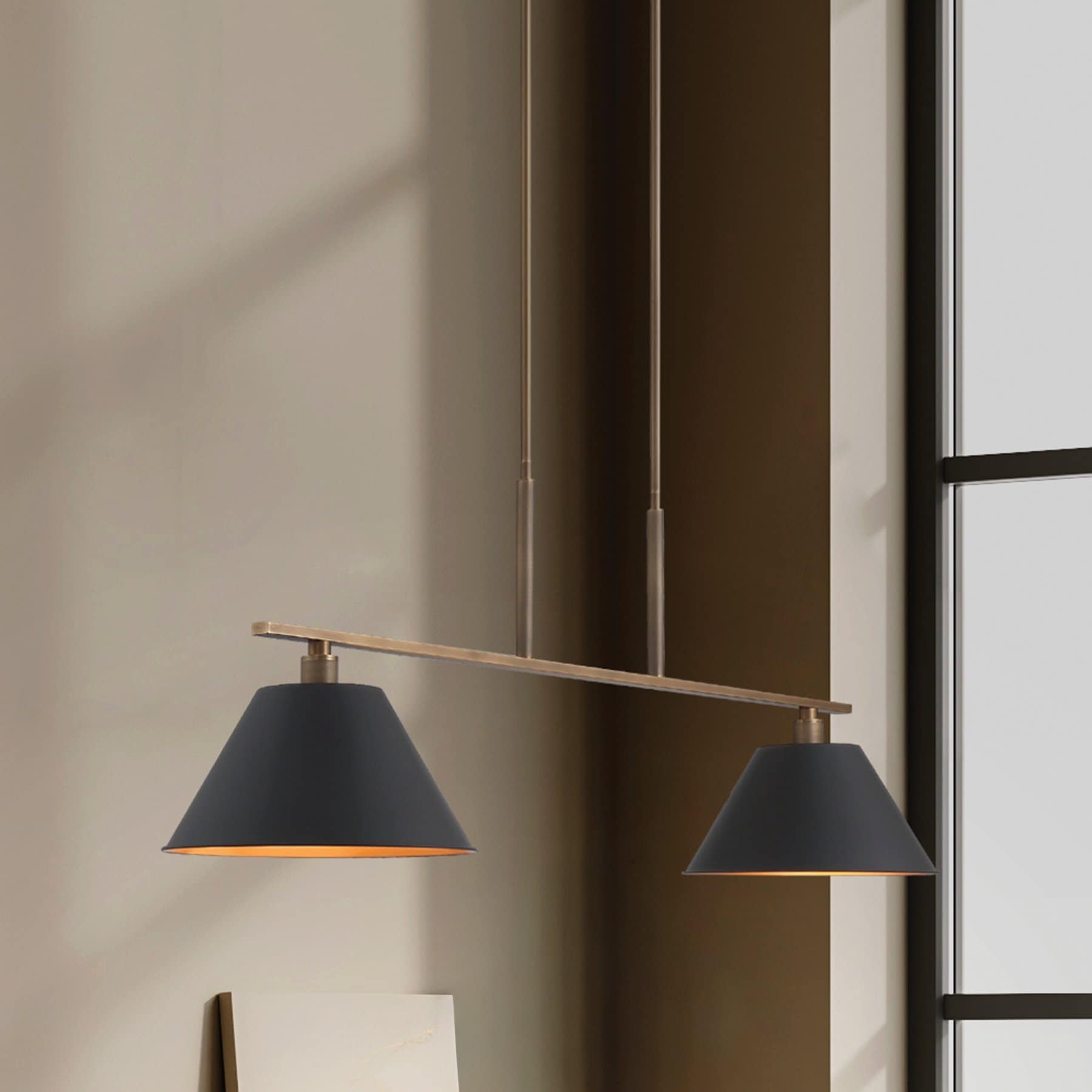 Mcgill 60 Inch 2 Light Natural Brass Linear Chandelier With Matte Black And Gold Metal Shades