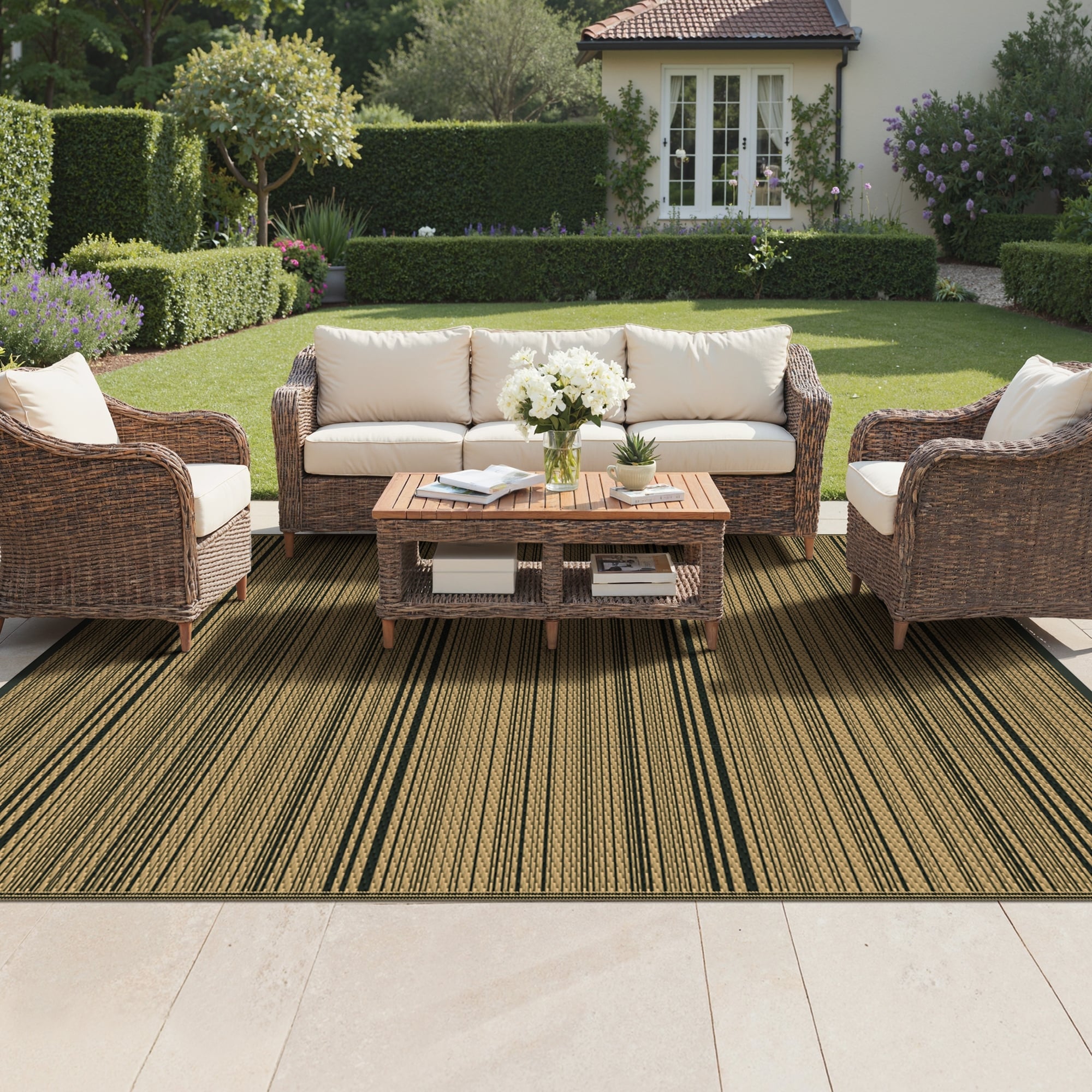 Mcow Modern Linear Woven Waterproof Reversible Outdoor Rug