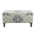 Medallion Print Fabric Upholstered Wooden Bench With Hinged Storage Large Blue And Cream