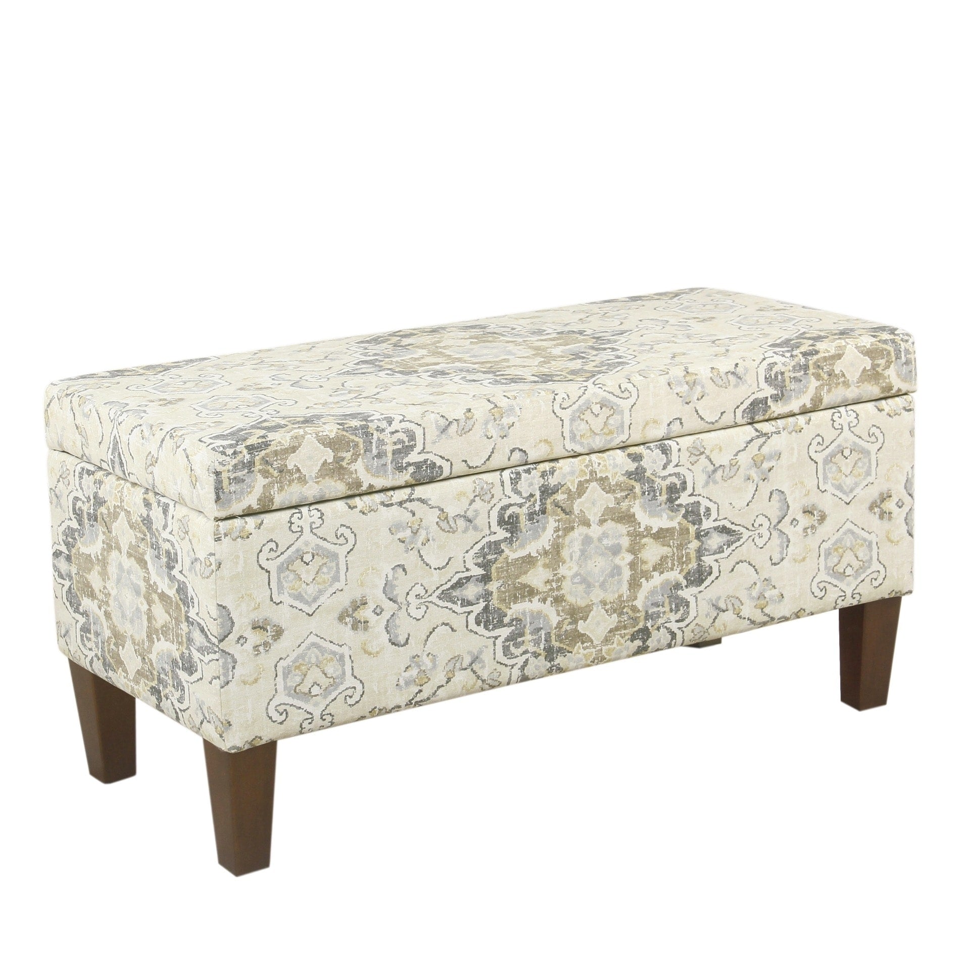 Medallion Print Fabric Upholstered Wooden Bench With Hinged Storage Large Brown And Cream