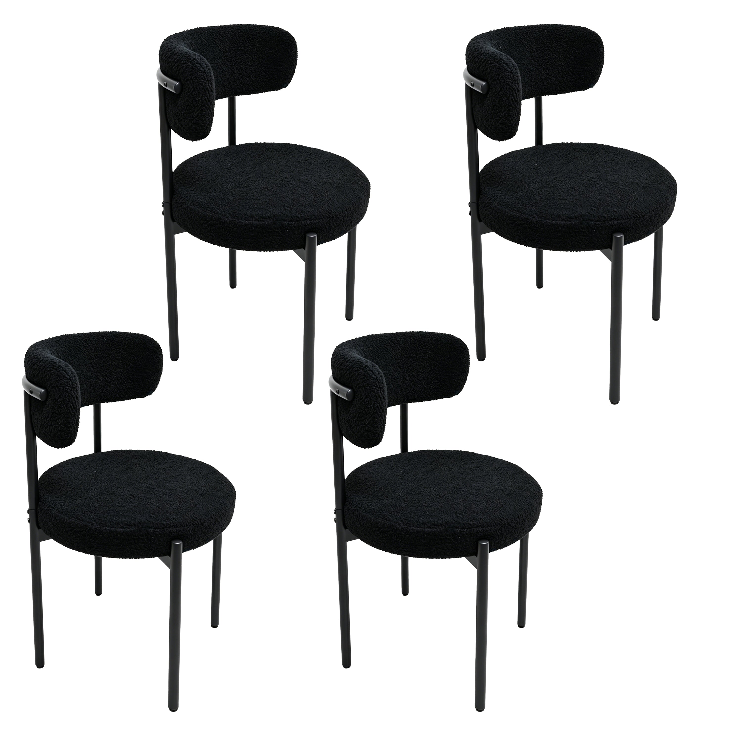 Medieval Modern Dining Chair Set 4 Pieces Round Seat Cushions Black Metal Legs Curved Back Kitchen Dining Chairs