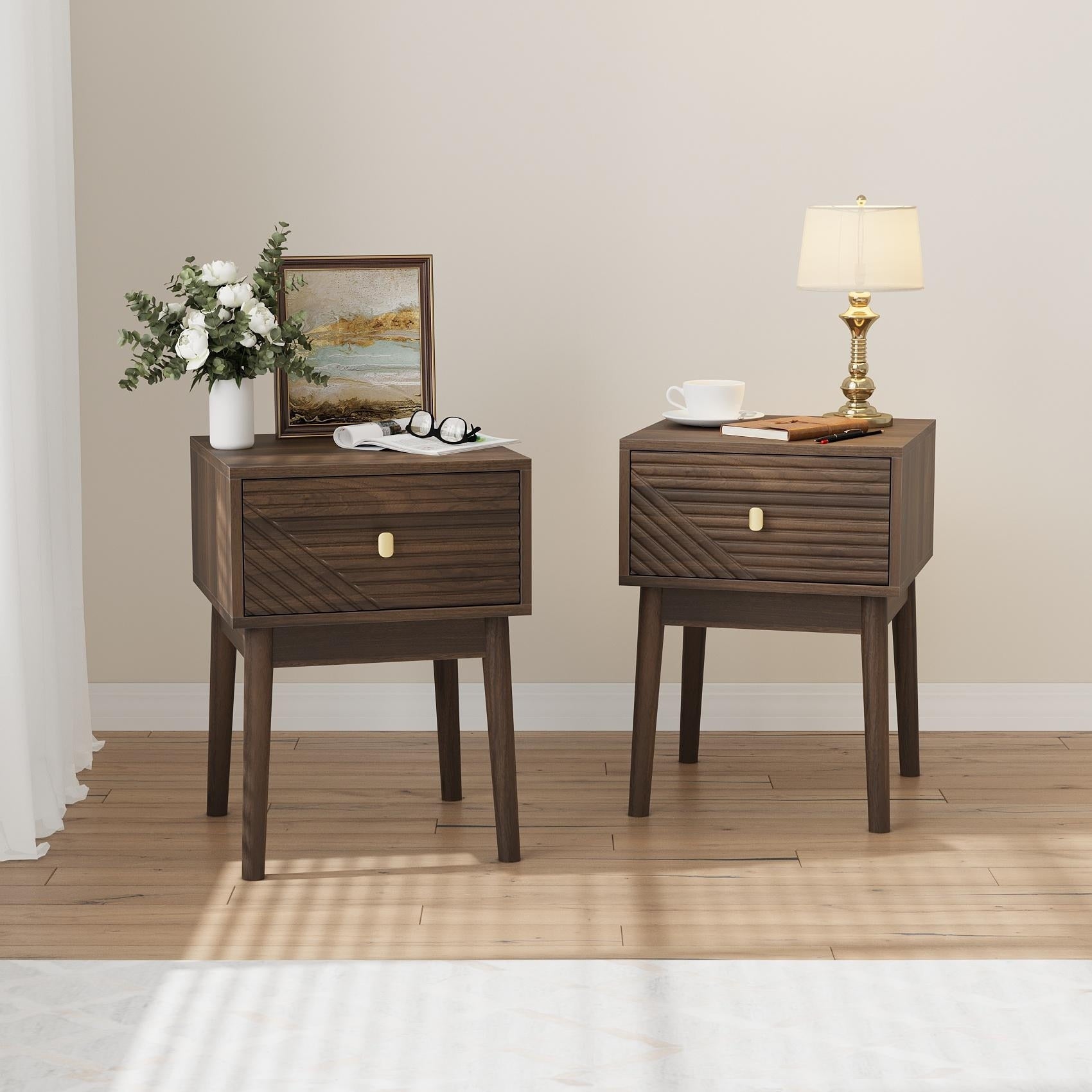 Medieval Modern Style Walnut Bedside Table Bedroom Bedside Table With Metal Handles 15.75 X 15.75 X 21.65 Inches 2 Piece Set
