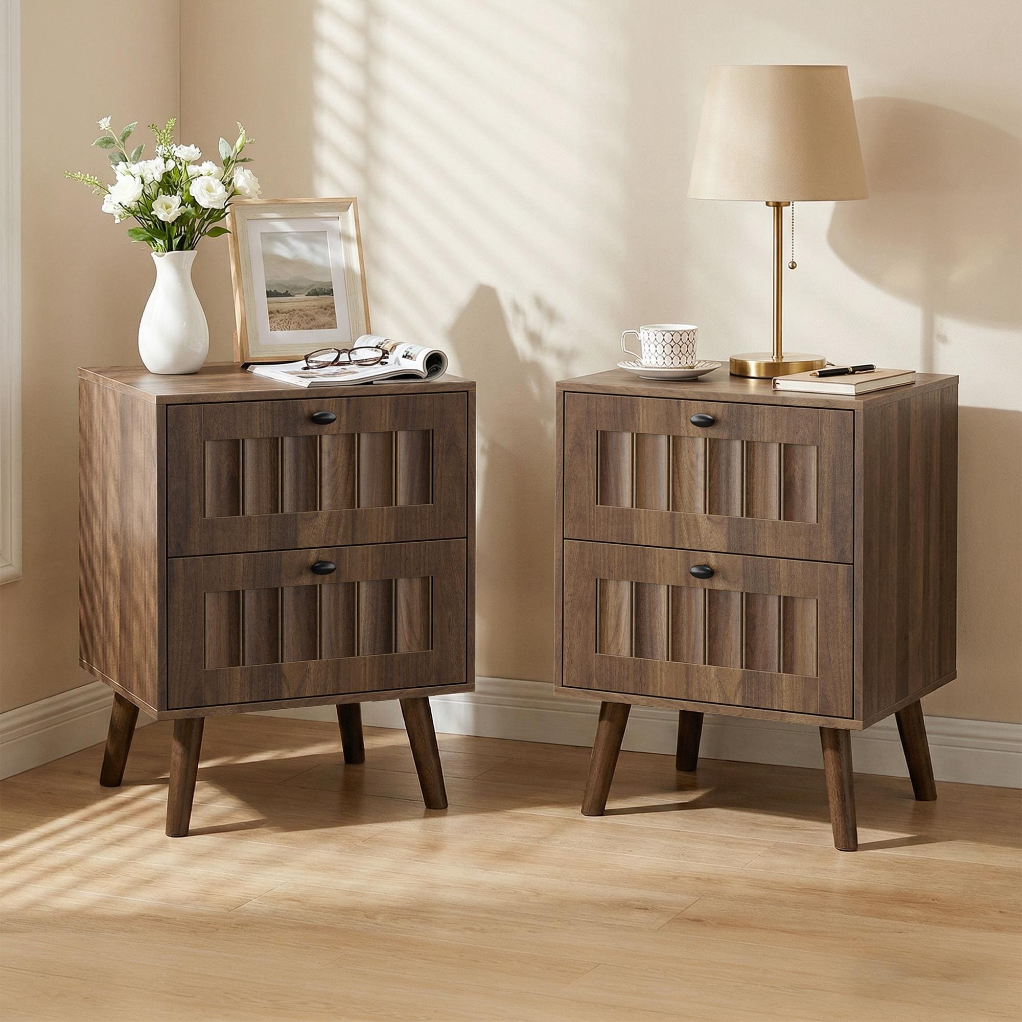 Medieval Style Modern Double Drawer Bedside Table With Solid Wood Legs Bedroom Bedside Table 15.75 X 15.75 X 22.64