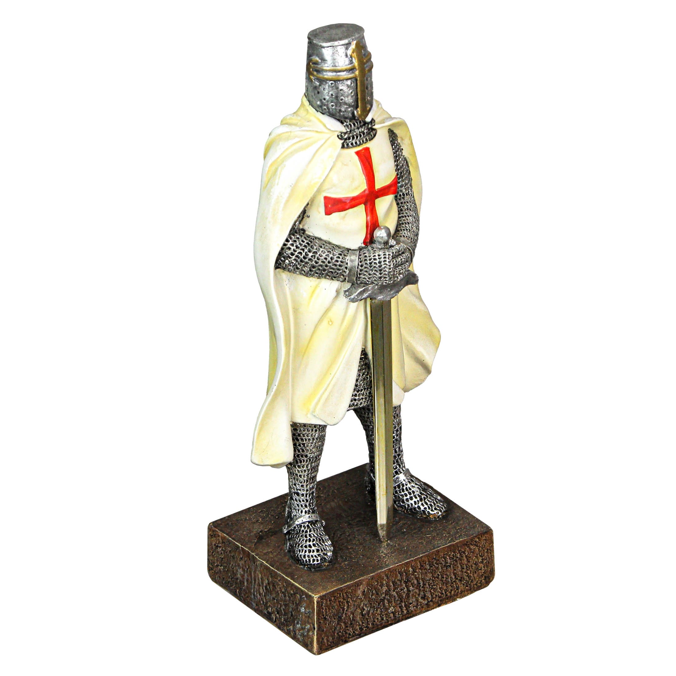 Medieval Templar Knight In Battle Holding Sword Armor Statue White